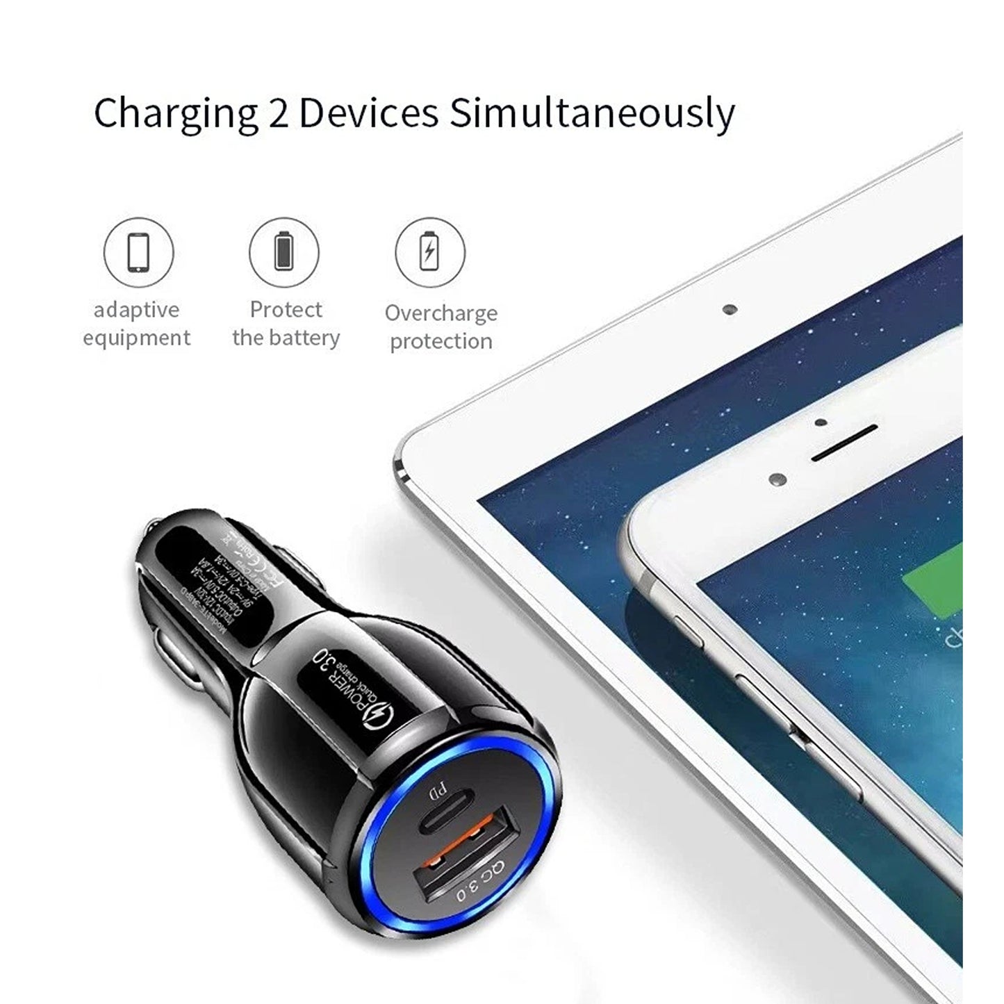Black QC3.0 USB C Dual Port Fast Car Charger Adapter For iPhone Samsung