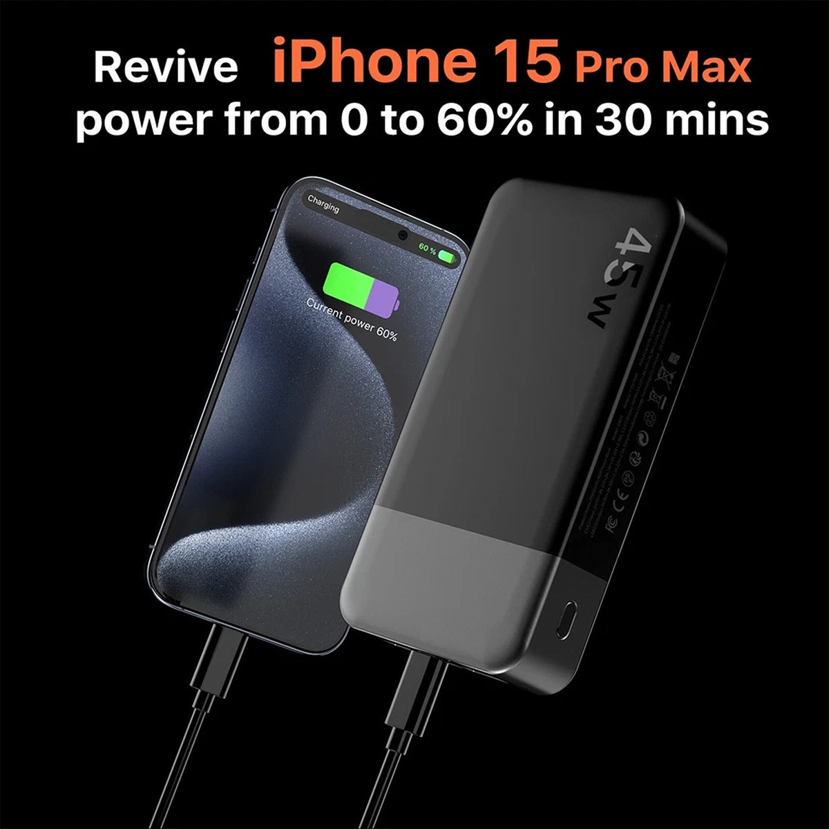 20000mAh Portable Power Bank 45W Fast Charger for Mobile Phones - Black
