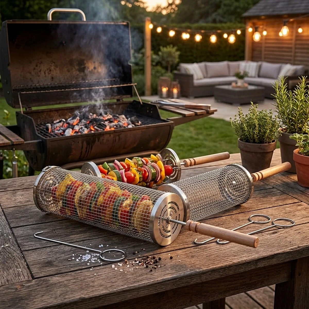 Rolling BBQ Grill Basket Tube Rotisserie Cooking Accessories 2pcs