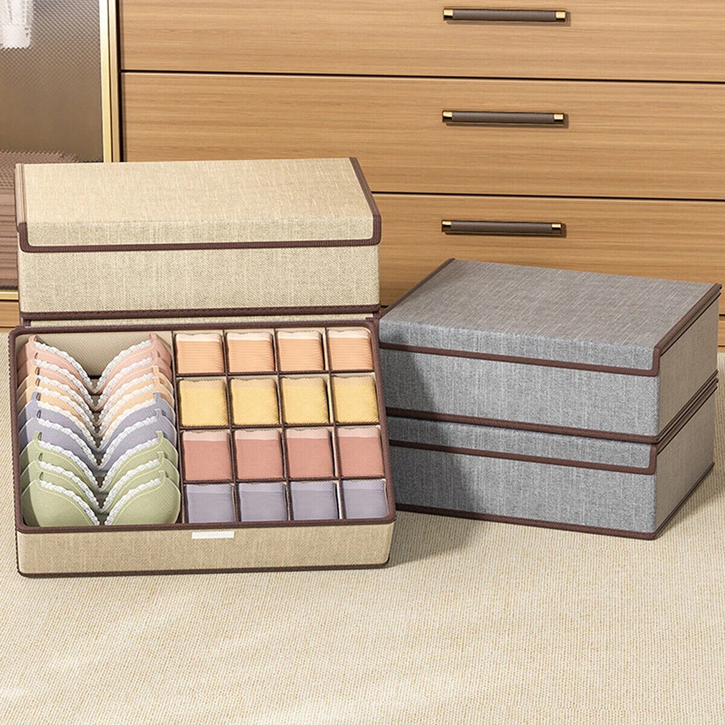 Beige Foldable Closet Drawer Organizer Boxes for Clothing Storage