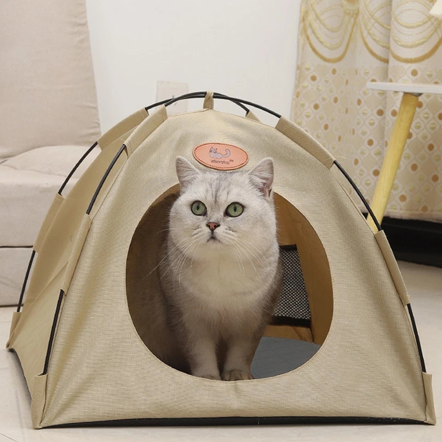 Beige Folding Pet Tent House Warm Bed for Cats and Puppies