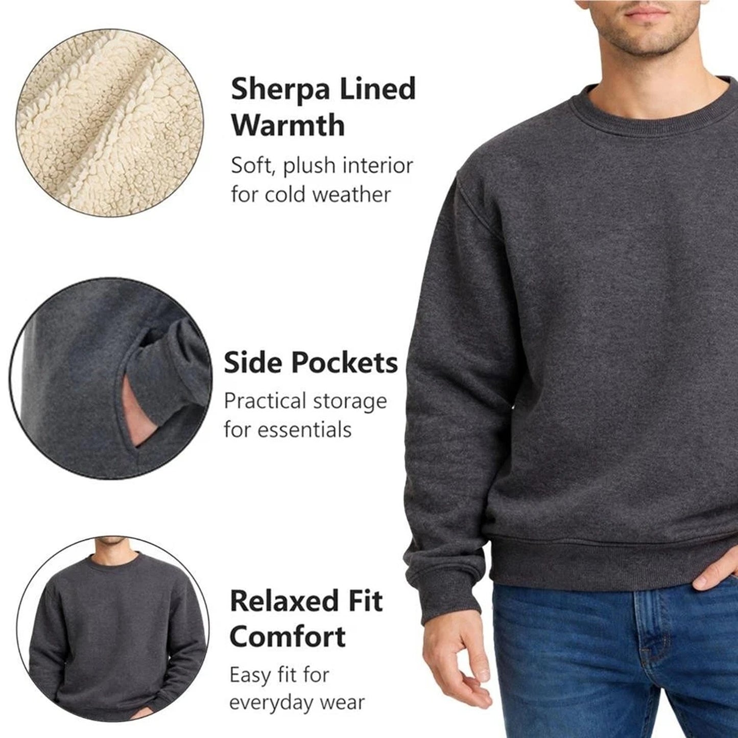 Dark Grey Unisex Sherpa Fleece Lined Crewneck Sweatshirt