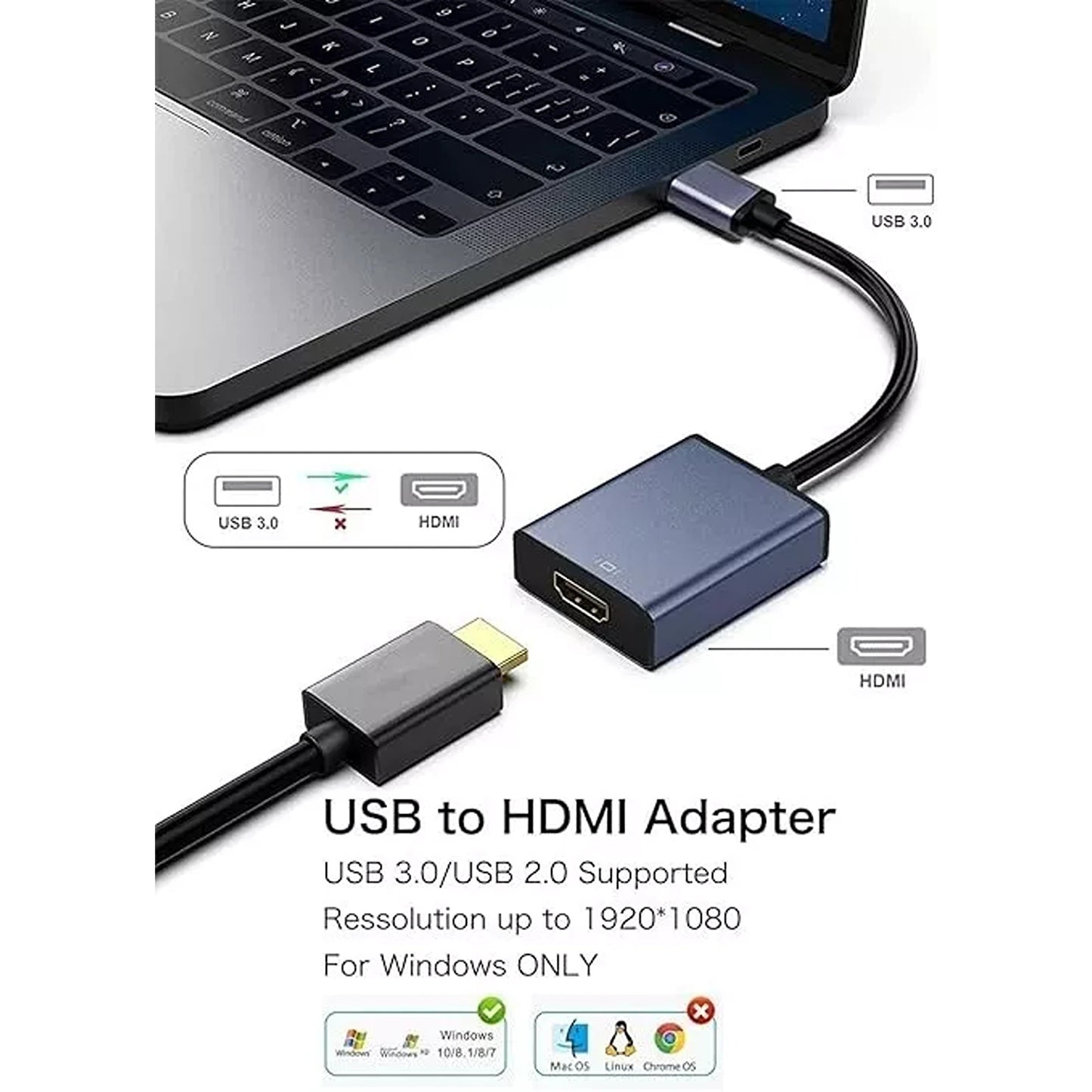 USB 3.0 to HDMI Adapter 1080P HD Converter Cable Male to Female for Windows 7-11