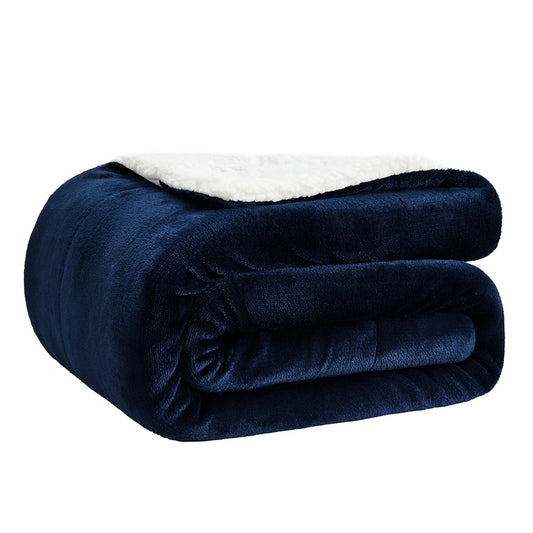 Sherpa Flannel Fleece Blanket Soft Warm Cozy Throw for Bed Sofa Couch - Navy