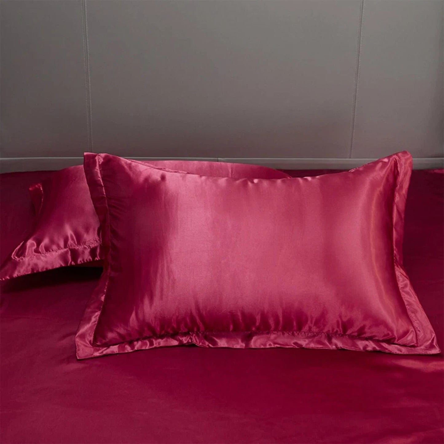 Red Silk Satin Pillowcase Set Standard Size 2 Pieces