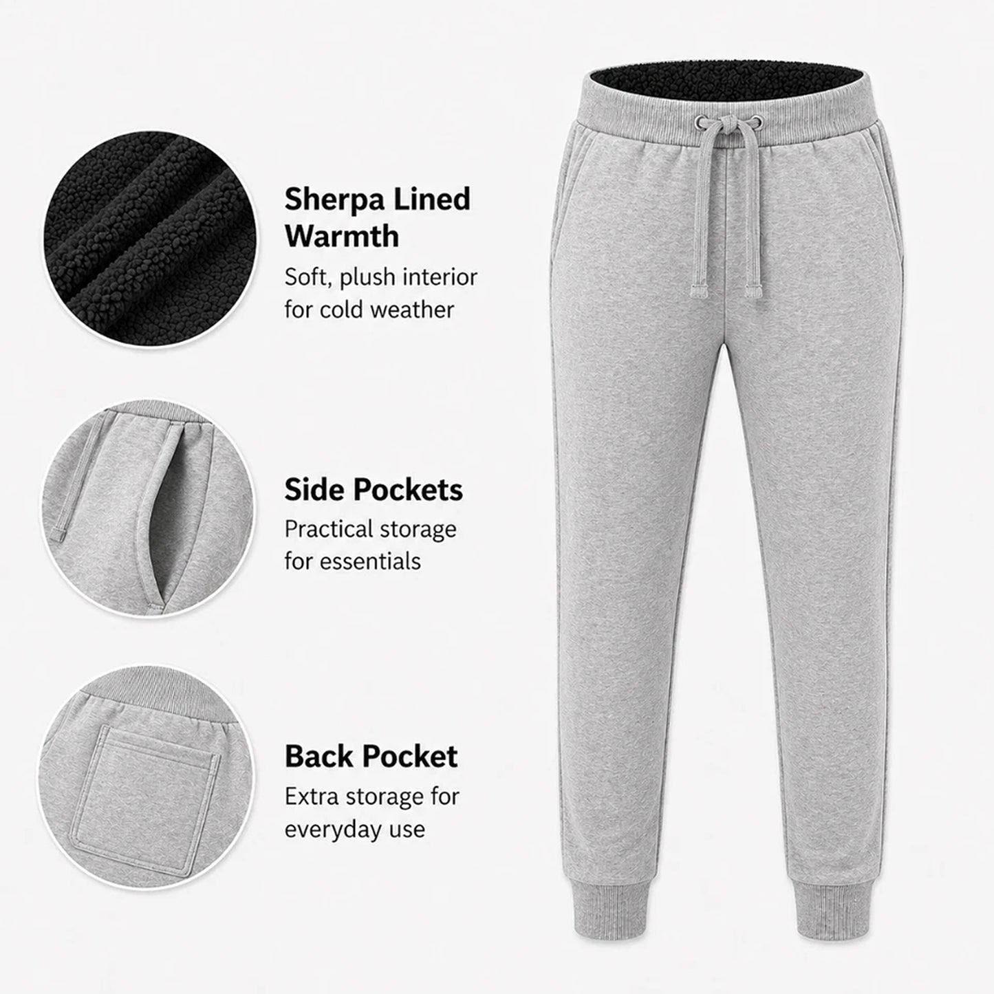 Grey Unisex Sherpa Fleece Lined Track Pants with Cuffed Legs