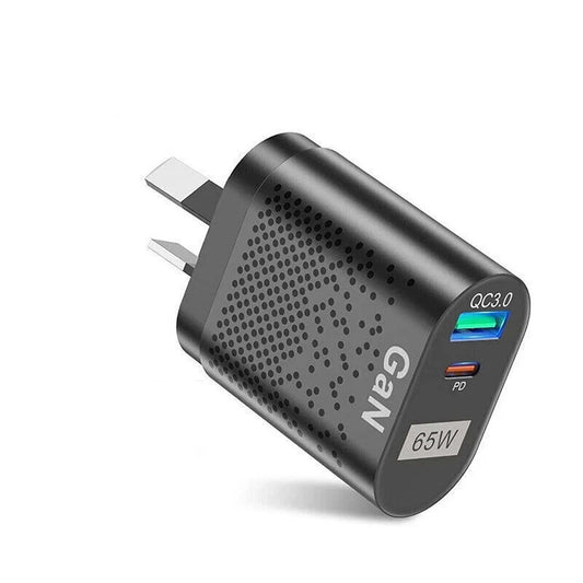 Black 65W GaN Fast Charger USB C PD QC 3.0 Wall Adapter