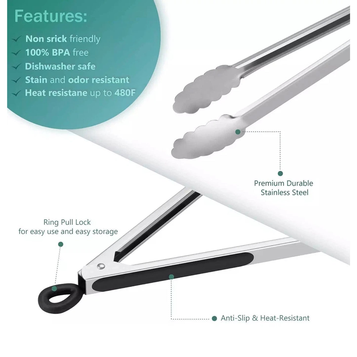Stainless Steel BBQ Tongs for Salad Bread and Cooking 2pcs