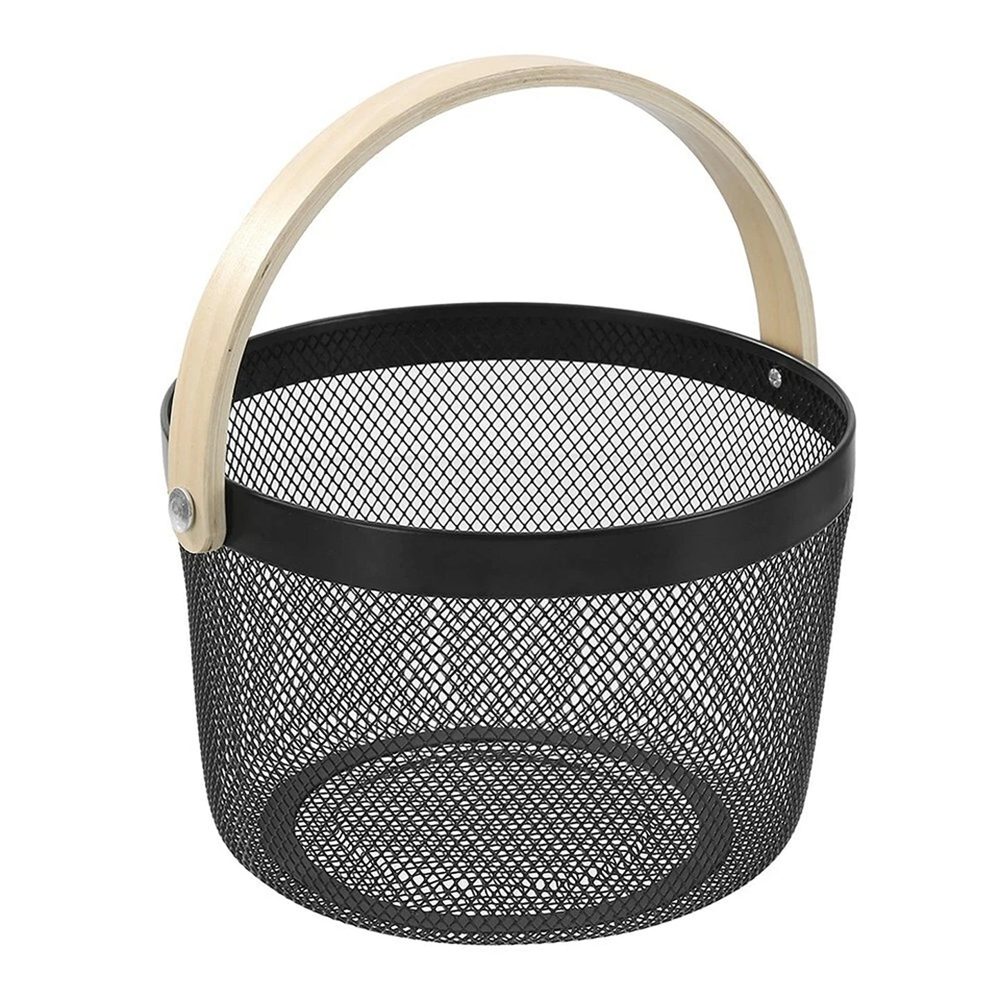 Black Mesh Round Basket With Wooden Handle Fruit Bread Storage Basket