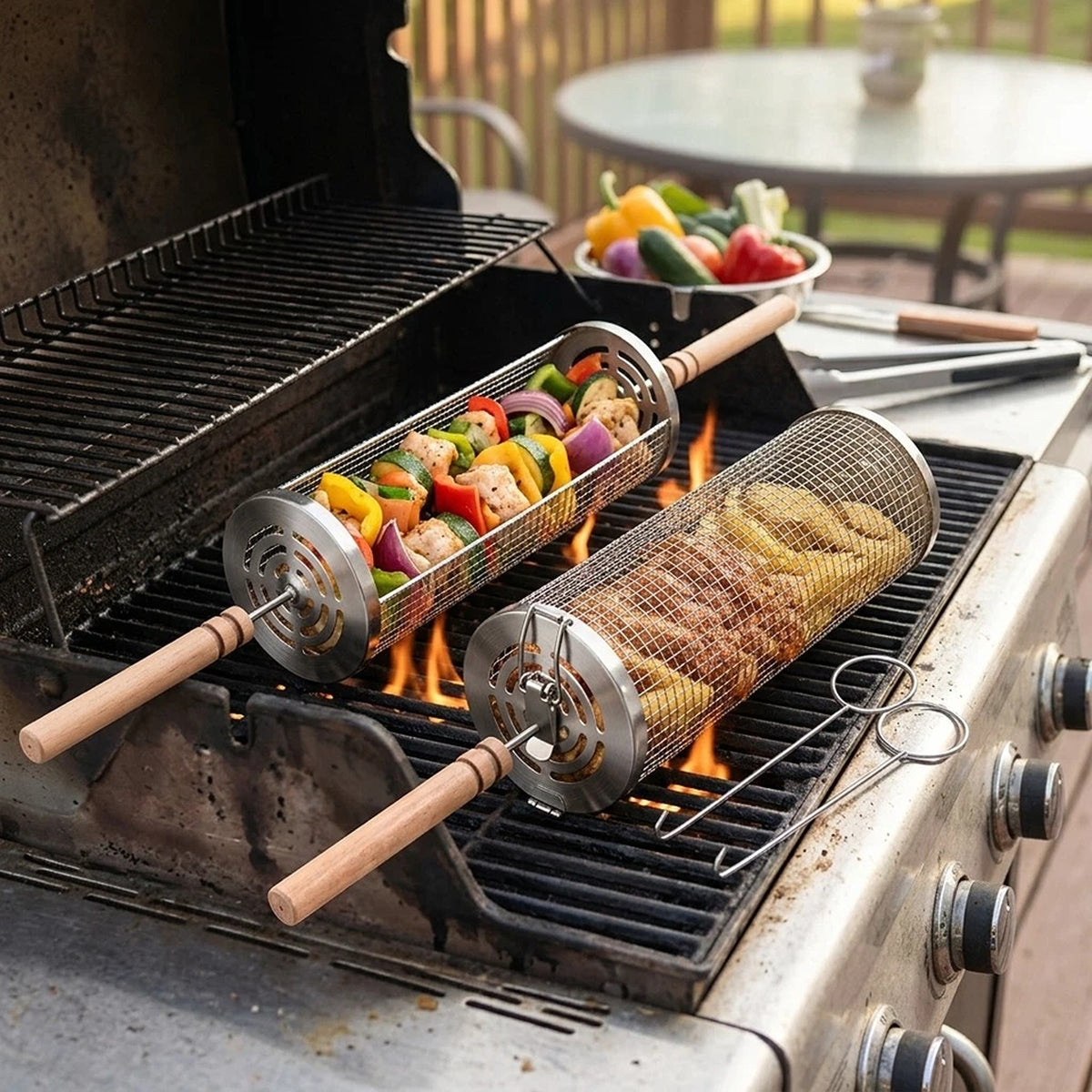 Rolling BBQ Grill Basket Tube Rotisserie Cooking Accessories 2pcs