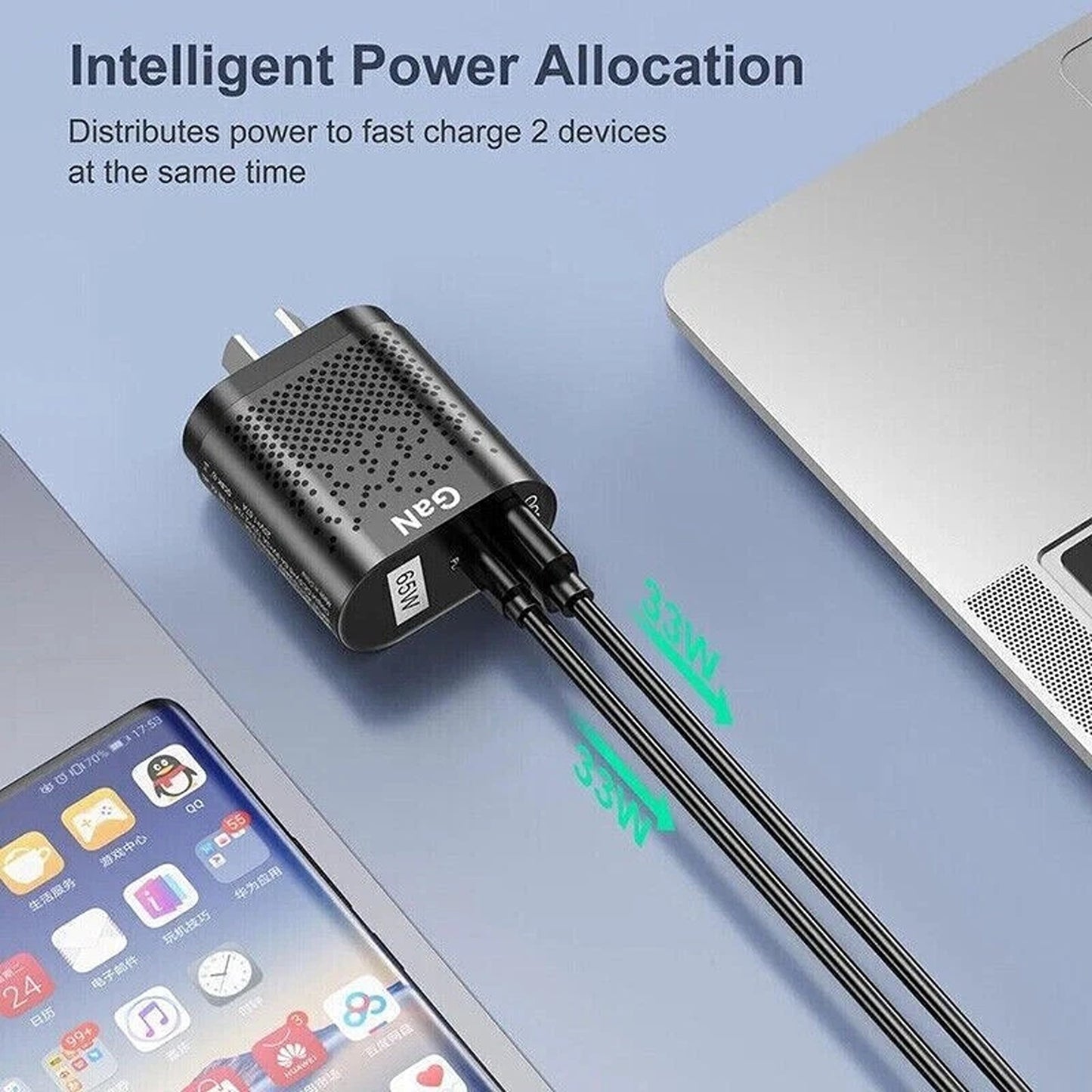 Black 65W GaN Fast Charger USB C PD QC 3.0 Wall Adapter