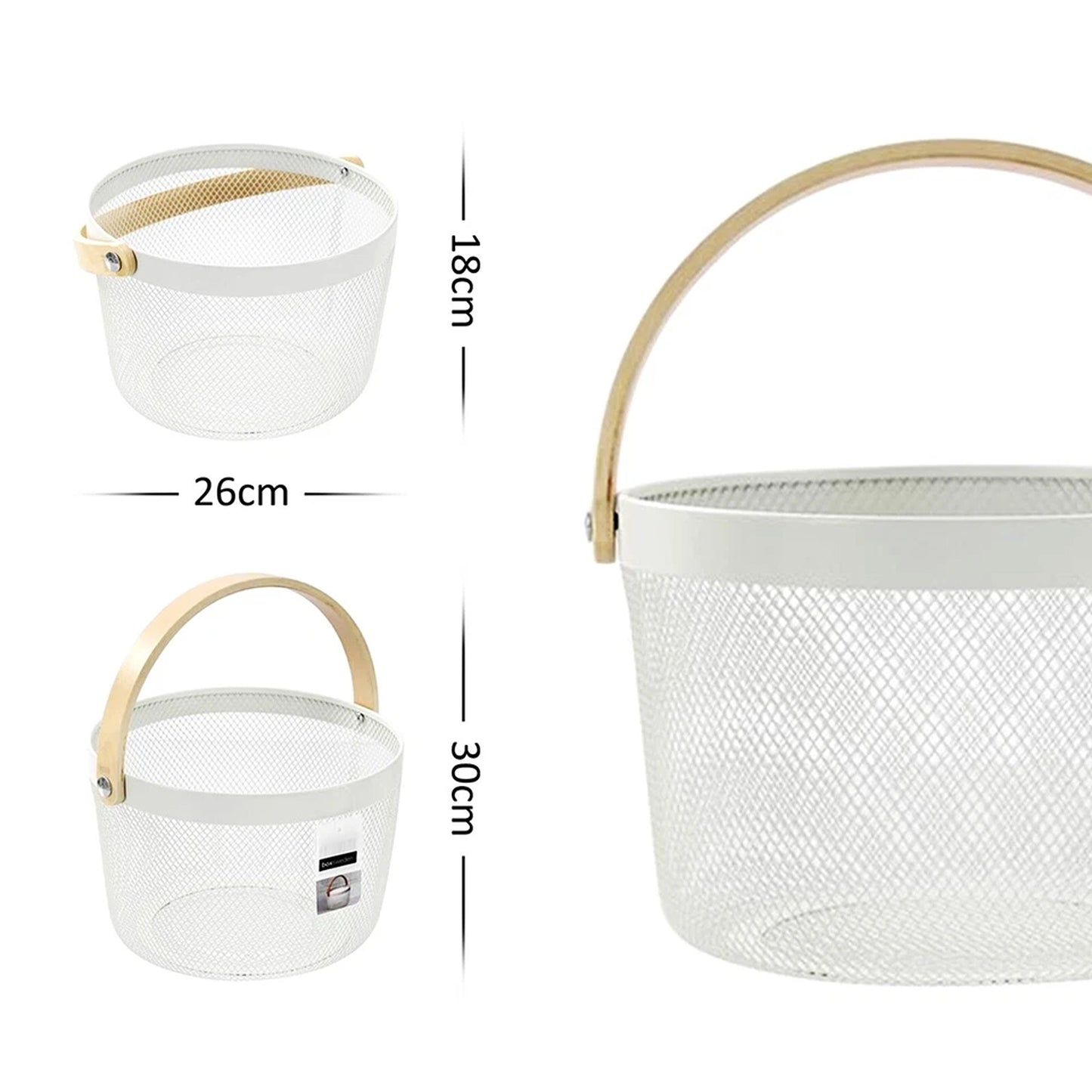 White Mesh Round Basket With Wooden Handle Fruit Bread Storage Basket