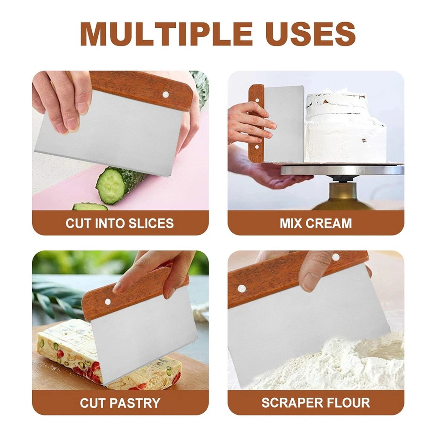 Stainless Steel Dough Scraper with Wooden Handle