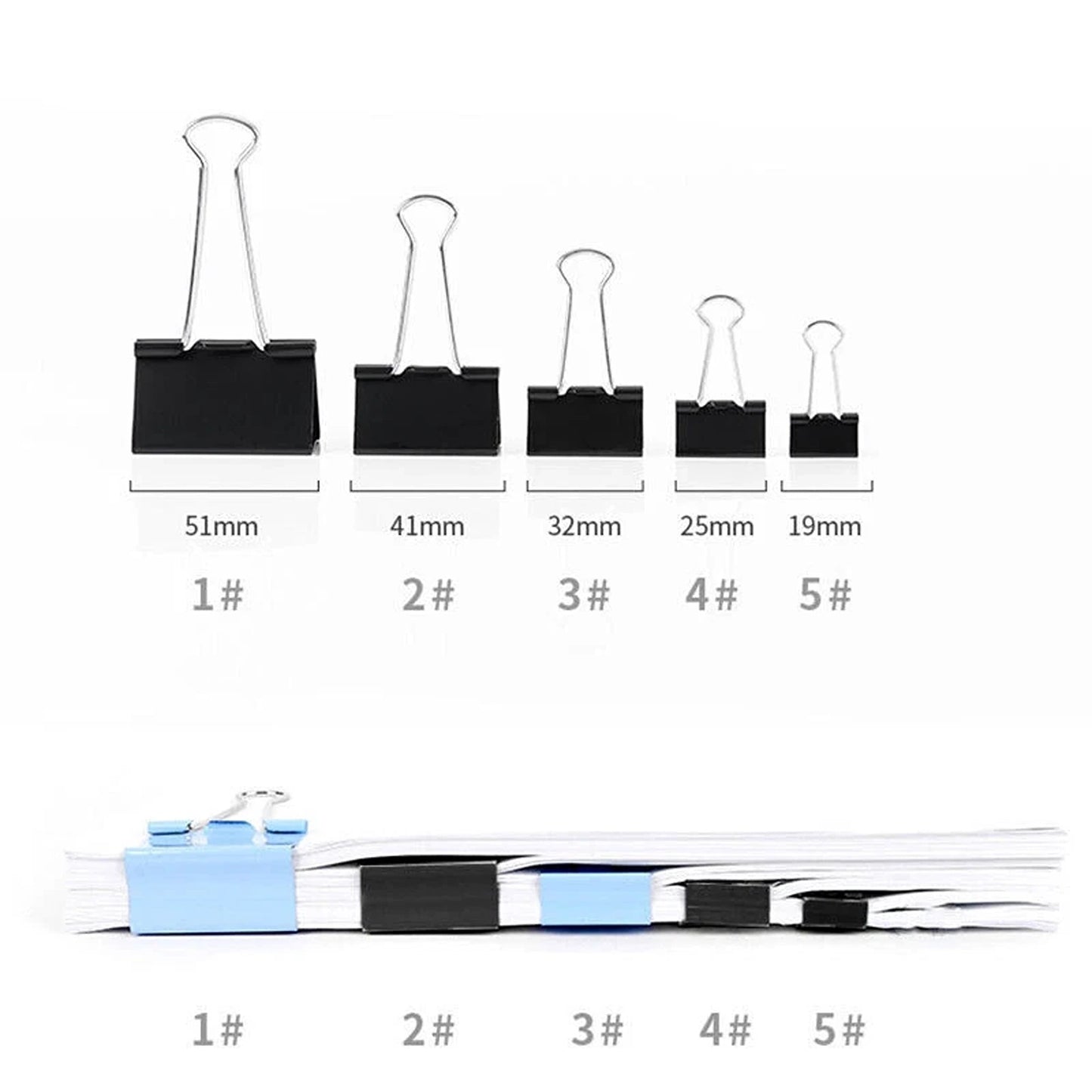 Black Bulldog Foldback Clips Document Paper Clamps 19mm/25mm/41mm/51mm - 20x