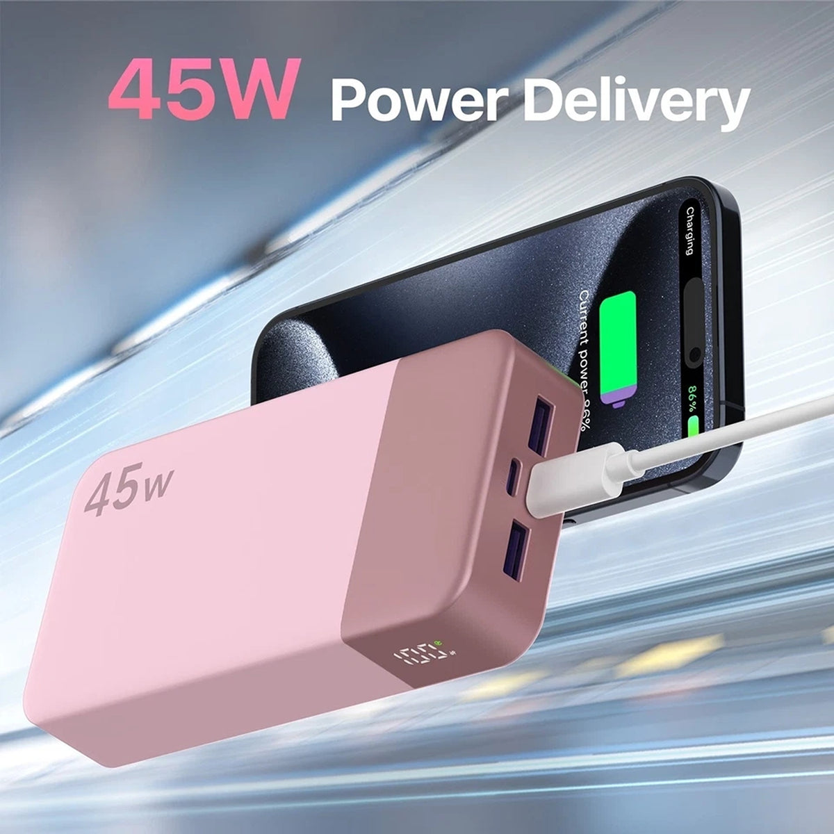 20000mAh 45W Fast Charging Power Bank Portable Battery Backup for Phones - Pink