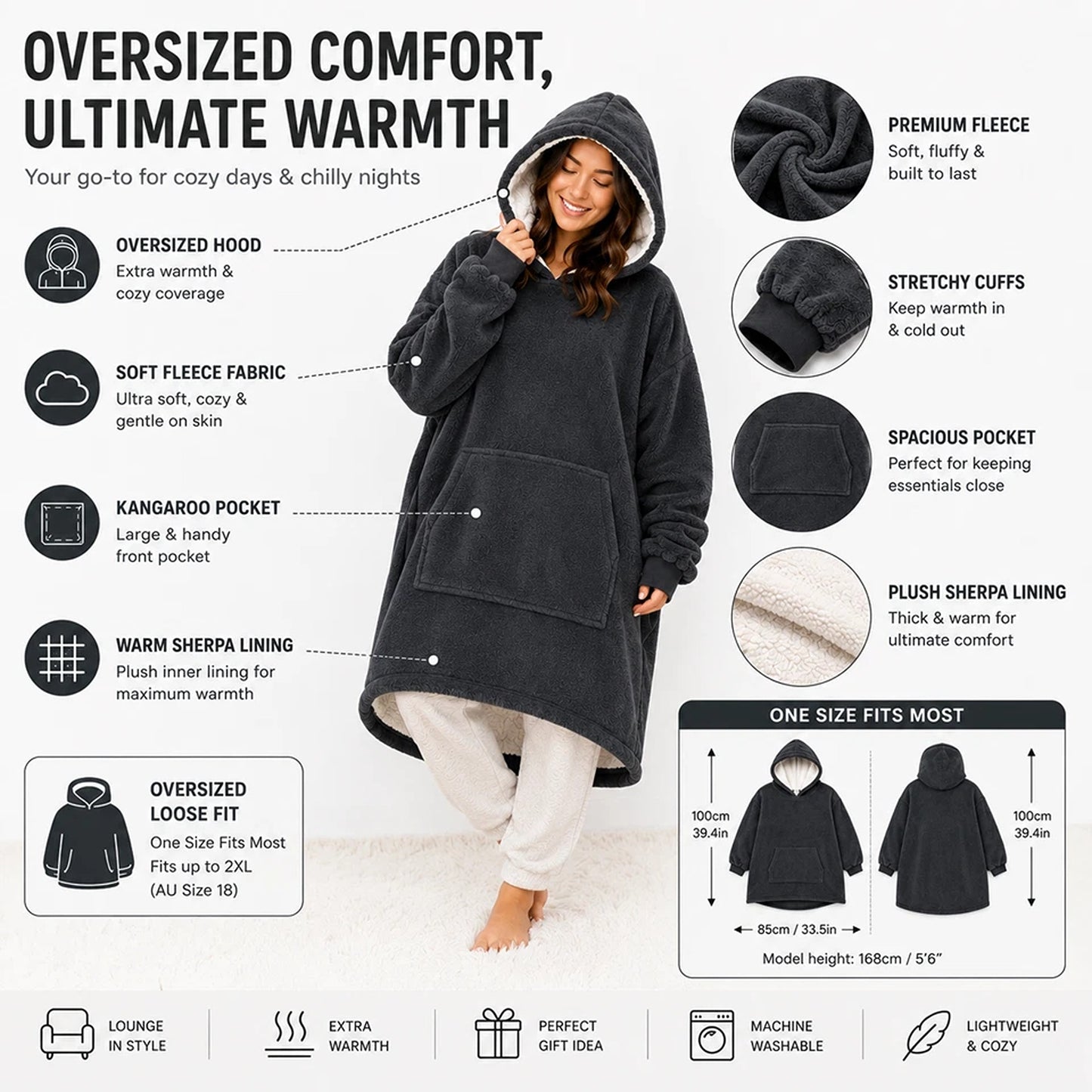 Plain Grey Hooded Blanket Oversized Soft Fleece Wearable Hoodie One Size