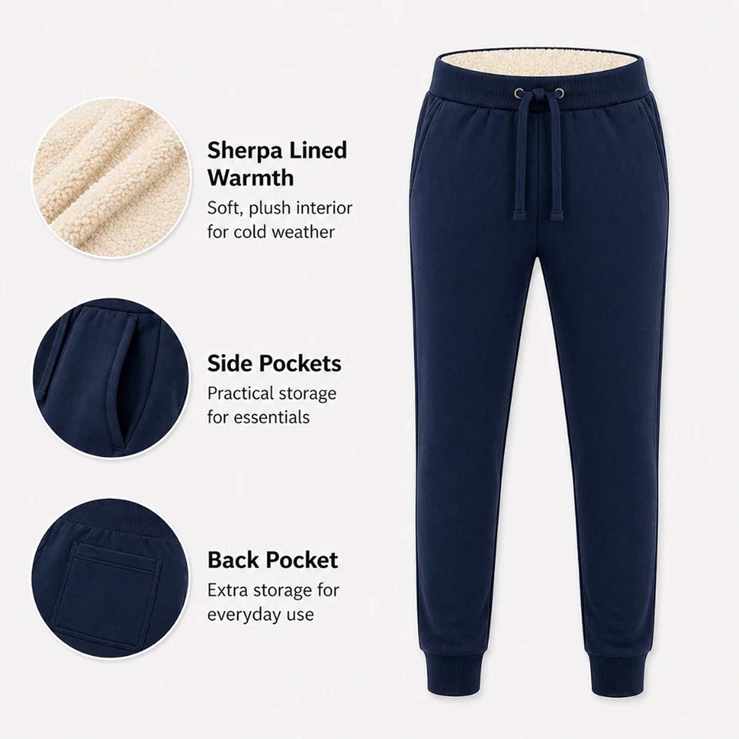 Navy Unisex Sherpa Fleece Lined Track Pants with Cuffed Legs