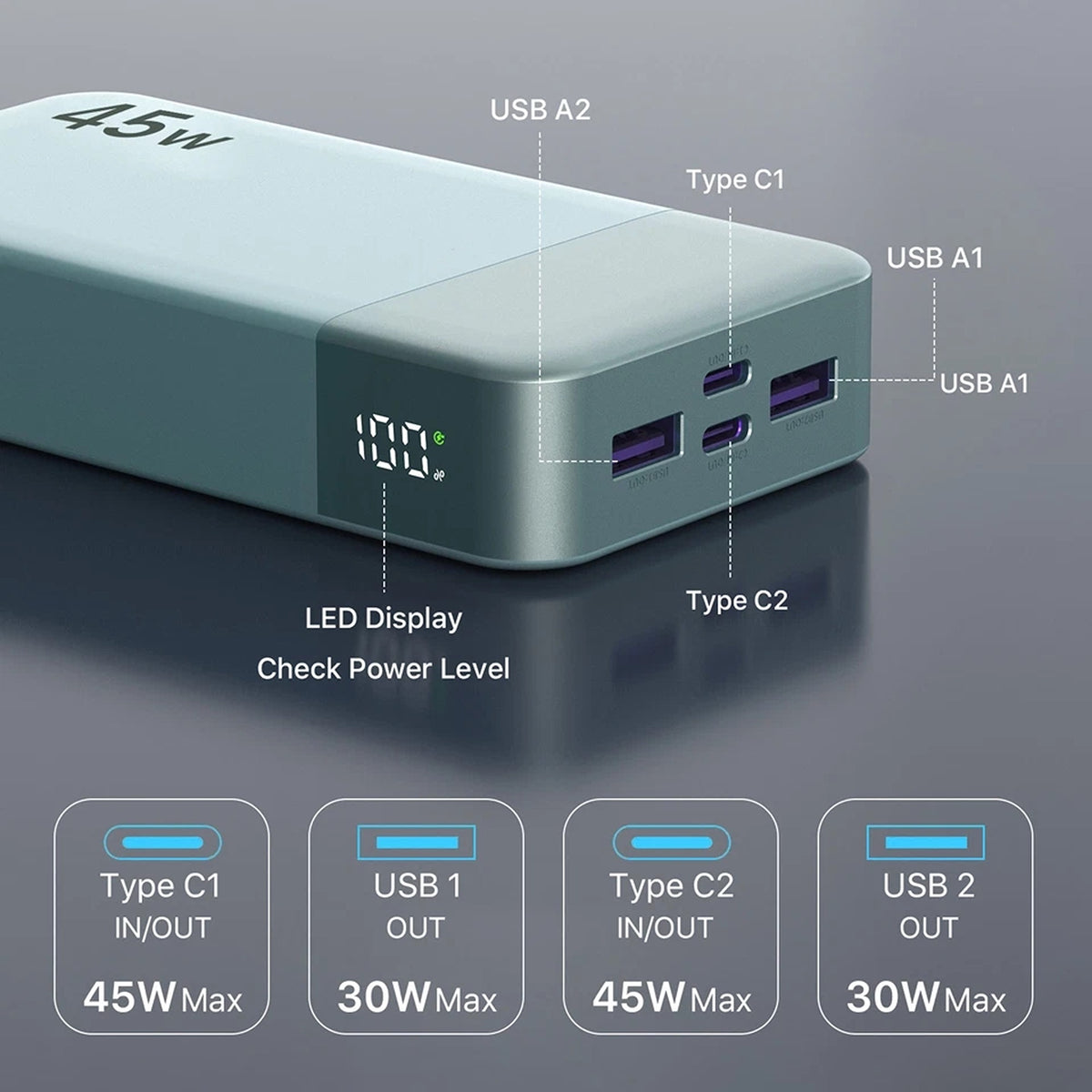 20000mAh Portable Power Bank 45W Fast Charger for Mobile Phones - Blue