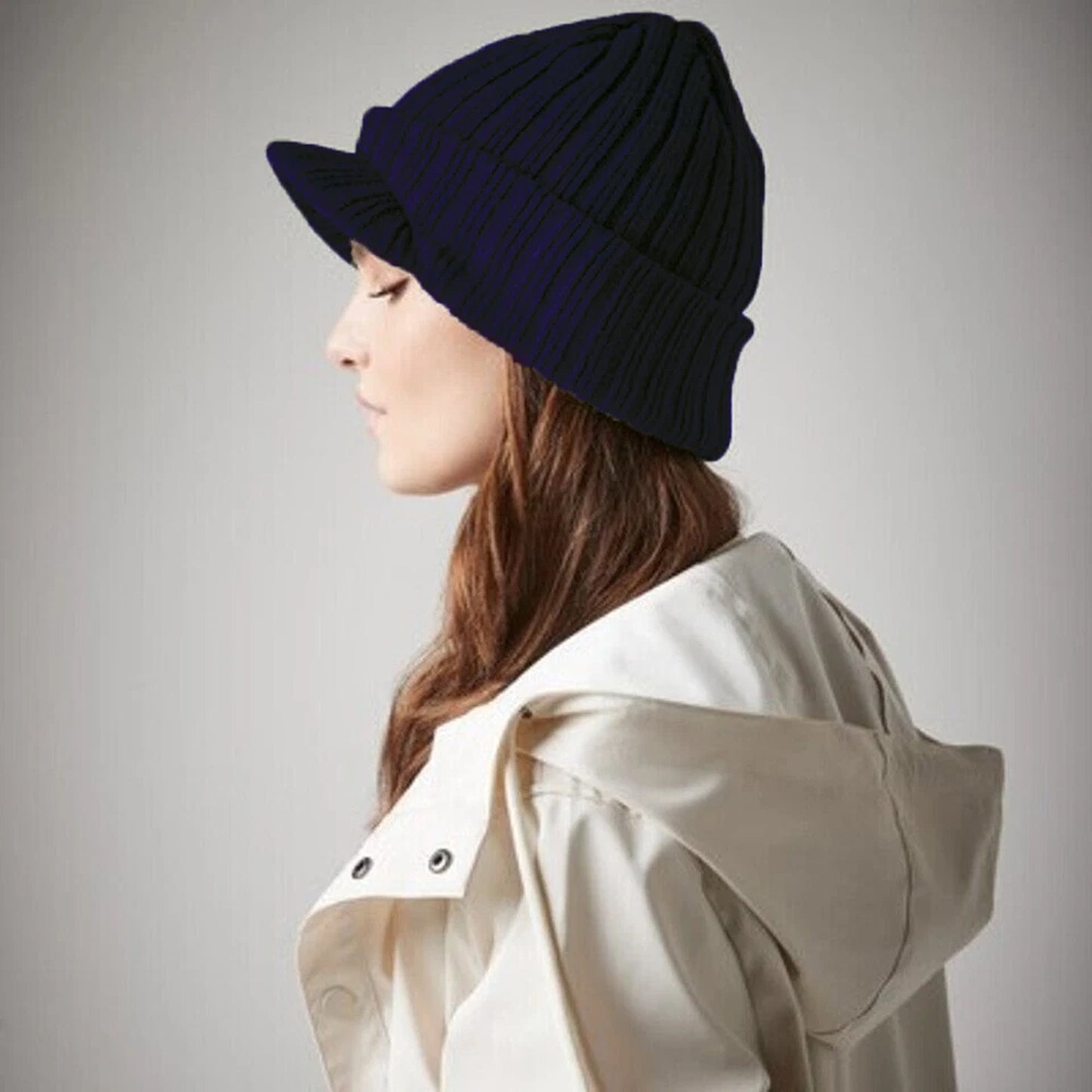 Navy Grey Outdoor Fleece Lined Knit Hat for Cold Weather