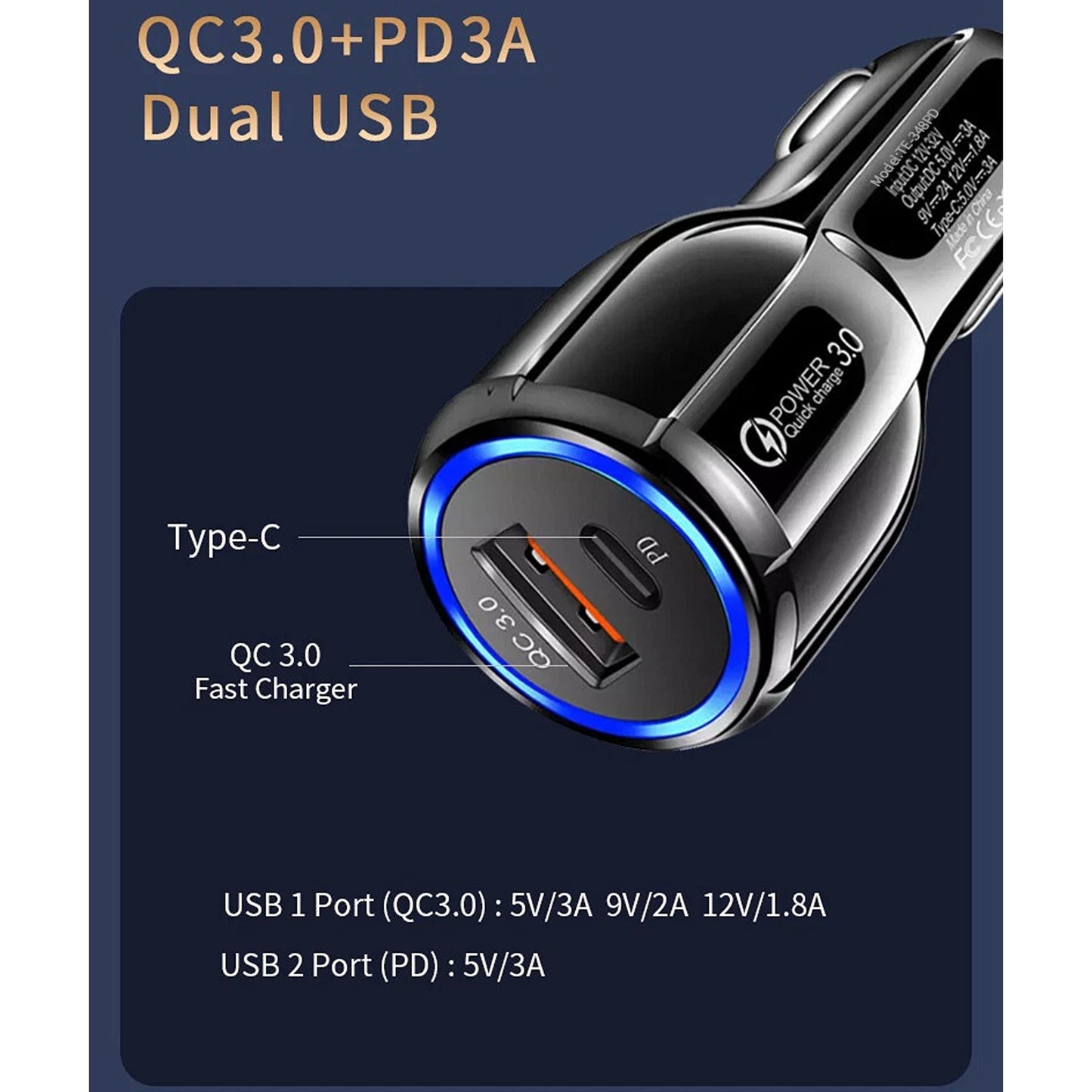 Black QC3.0 USB C Dual Port Fast Car Charger Adapter For iPhone Samsung