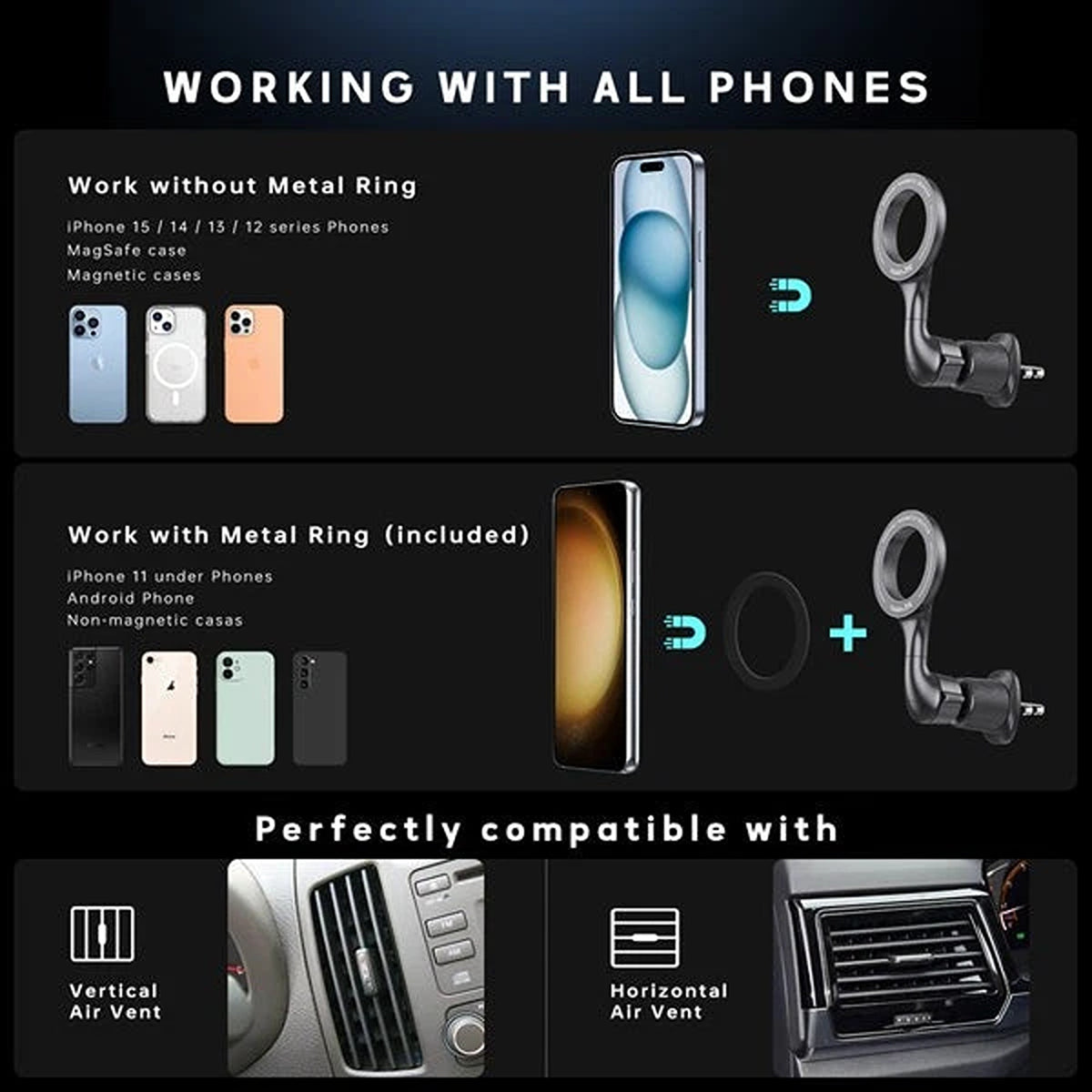 MagSafe Magnetic Car Mount Ring Phone Holder for Air Vent