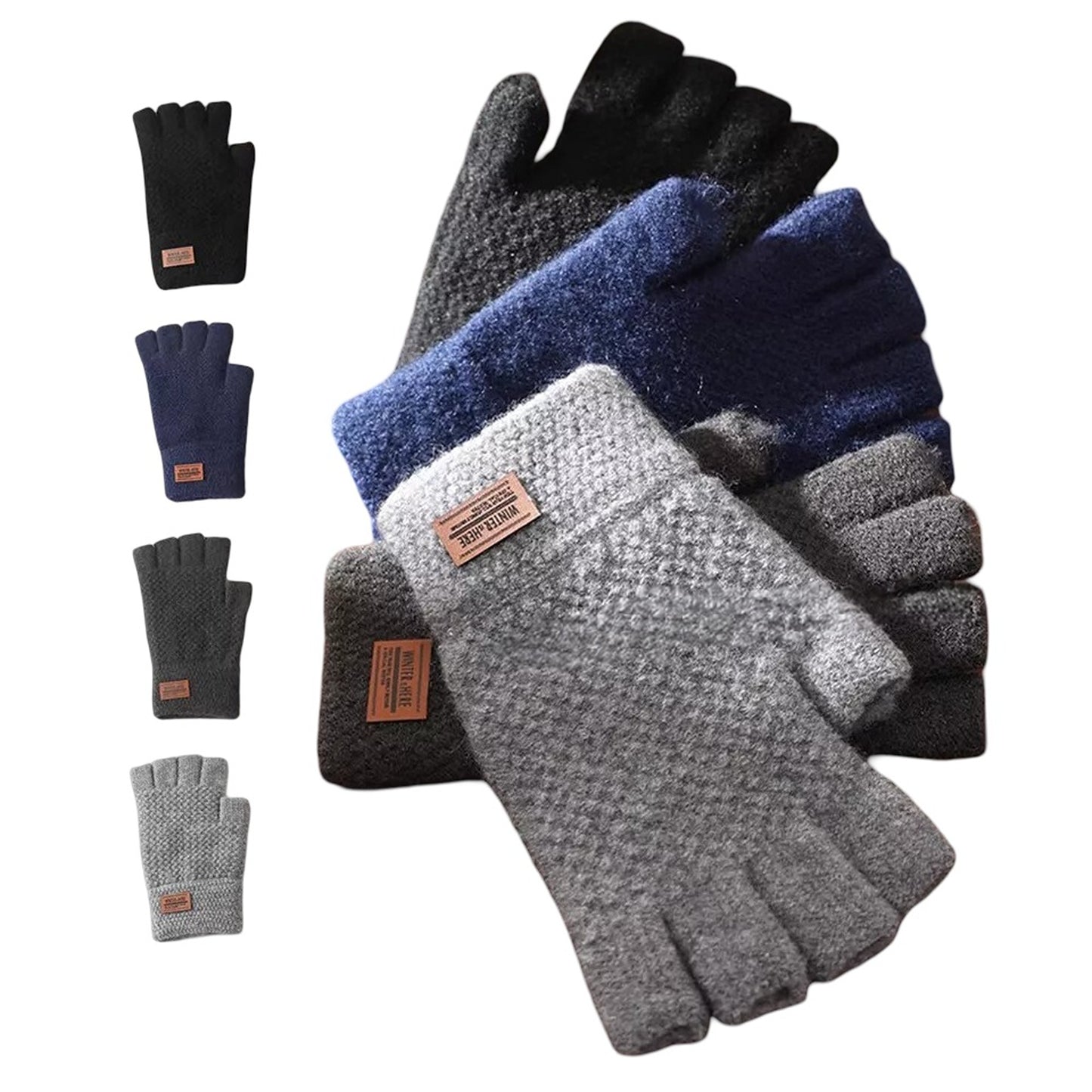 2x Winter Alpaca Wool Fingerless Gloves Thermal Mens Knitted Half Finger Mittens