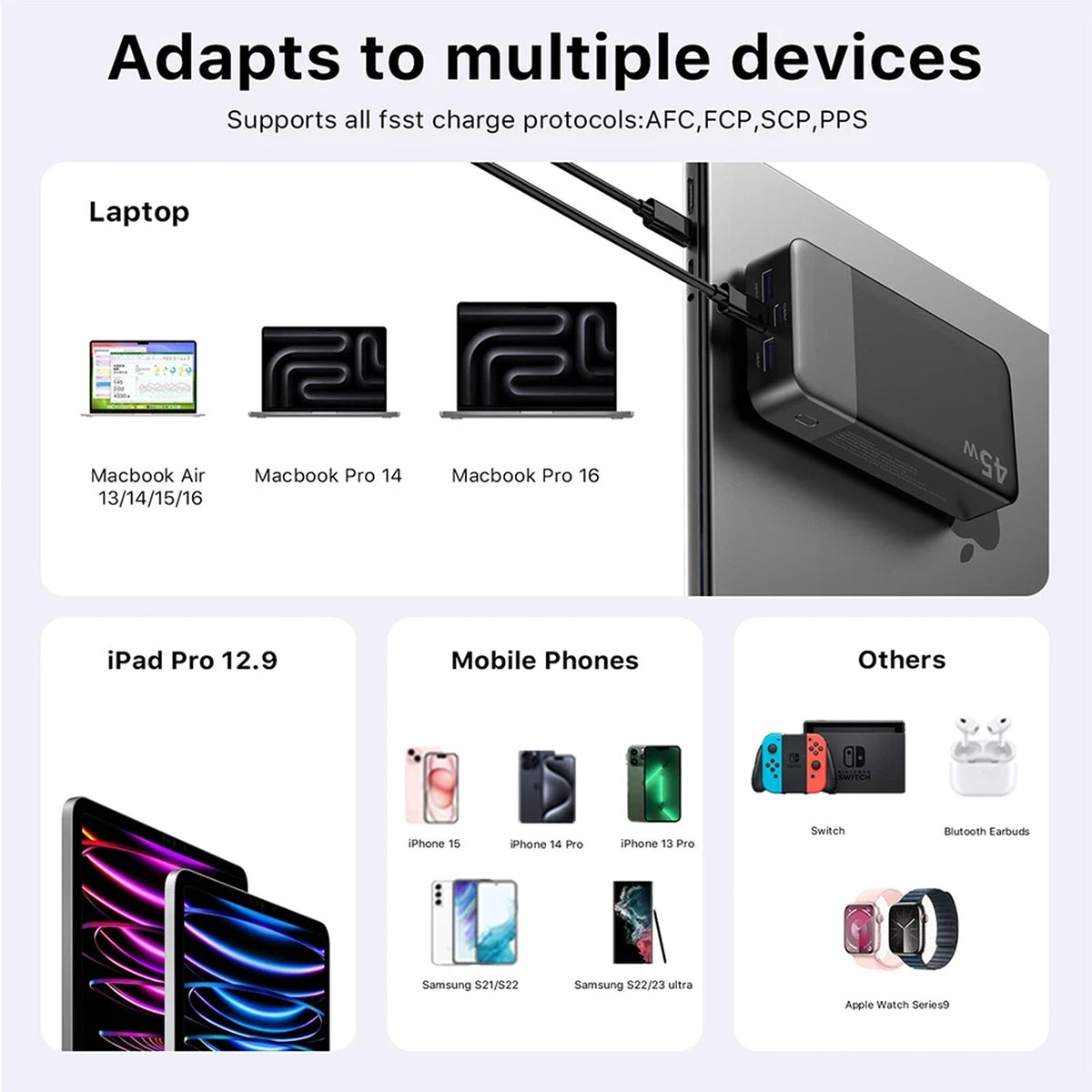 20000mAh Portable Power Bank 45W Fast Charger for Mobile Phones - Black