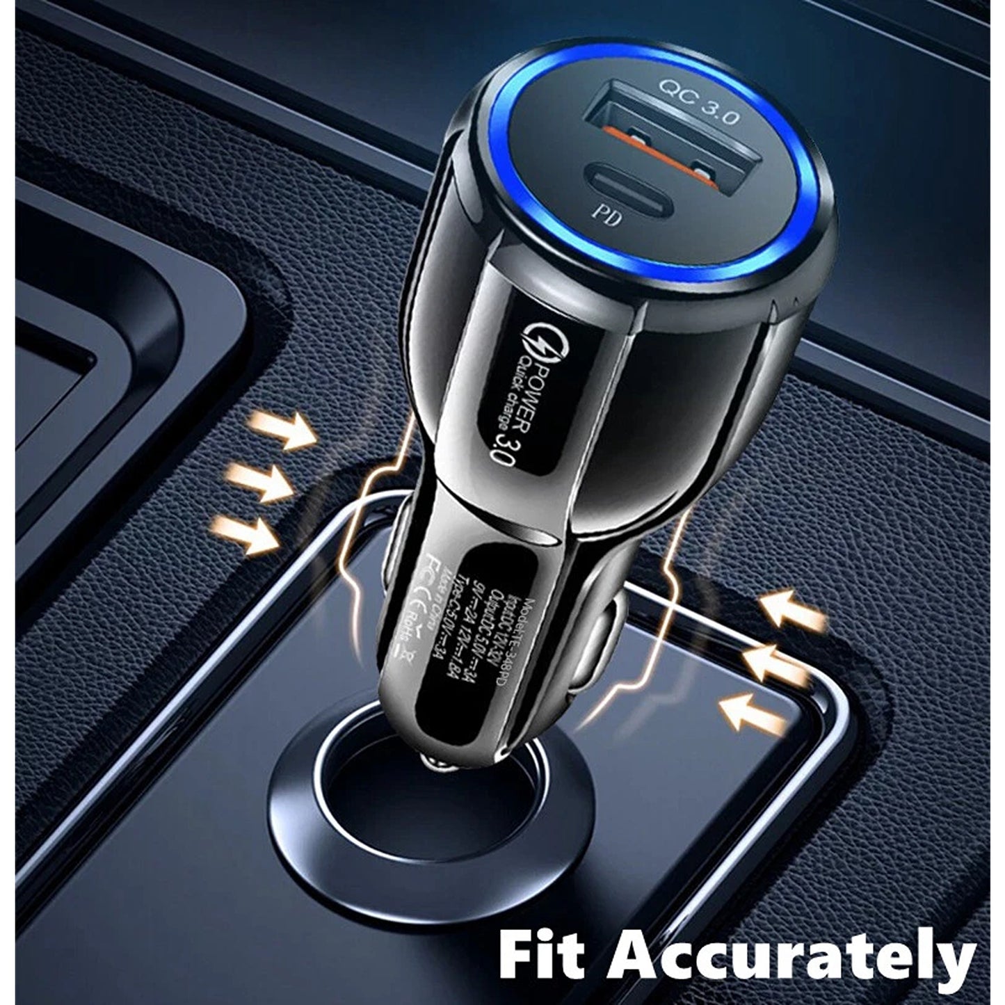 Black QC3.0 USB C Dual Port Fast Car Charger Adapter For iPhone Samsung