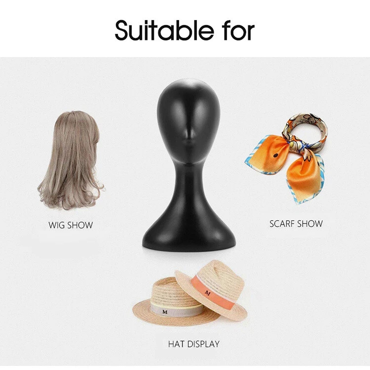 Black Plastic Female Mannequin Head for Wig Hat and Scarf Display