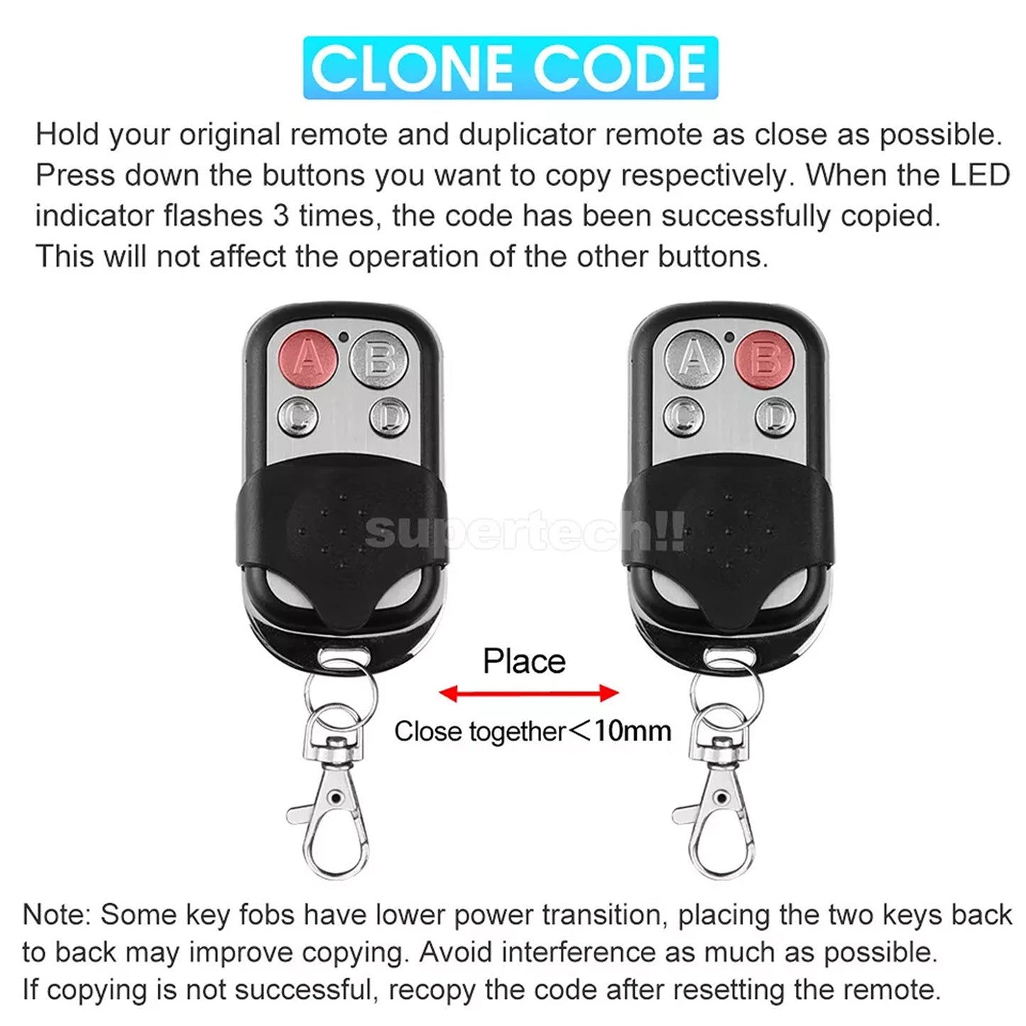 Universal Replacement Garage Door Gate Car Cloning Remote Control Key Fob 433mhz 2x