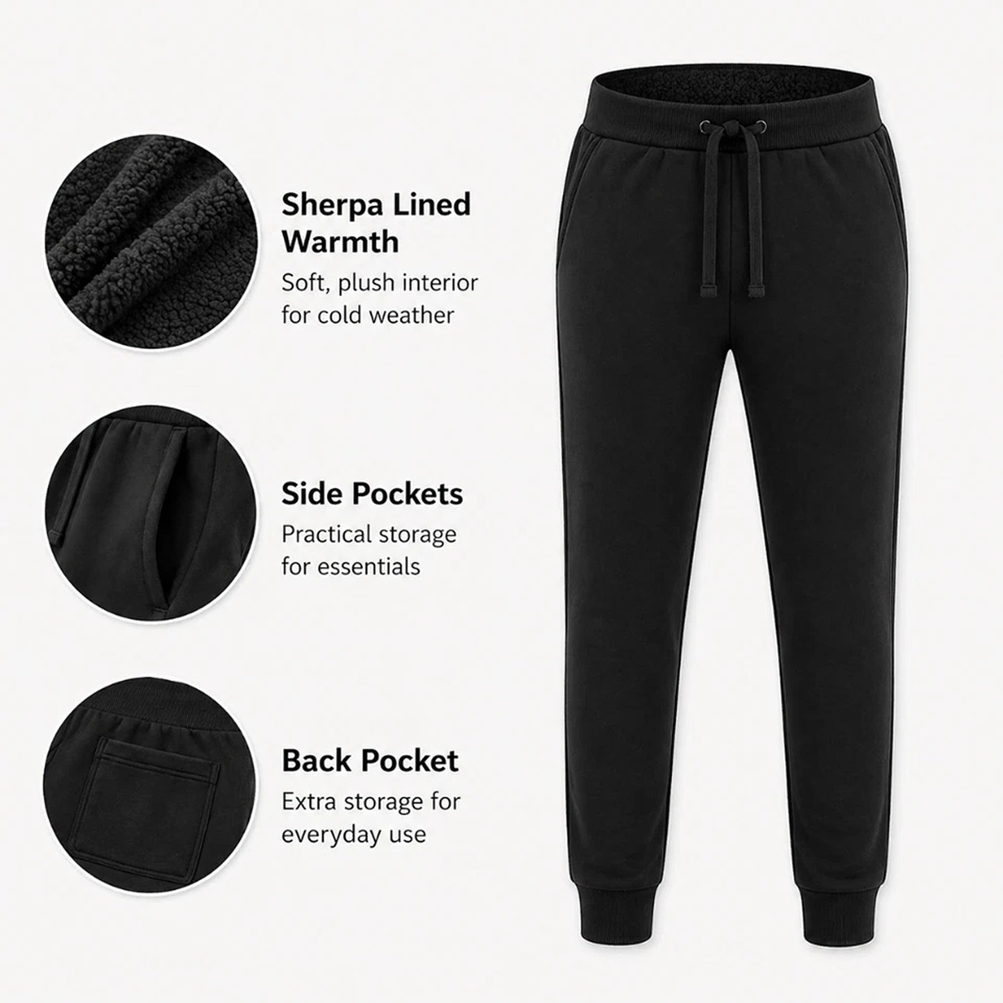 Black Unisex Sherpa Fleece Lined Track Pants with Cuffed Legs