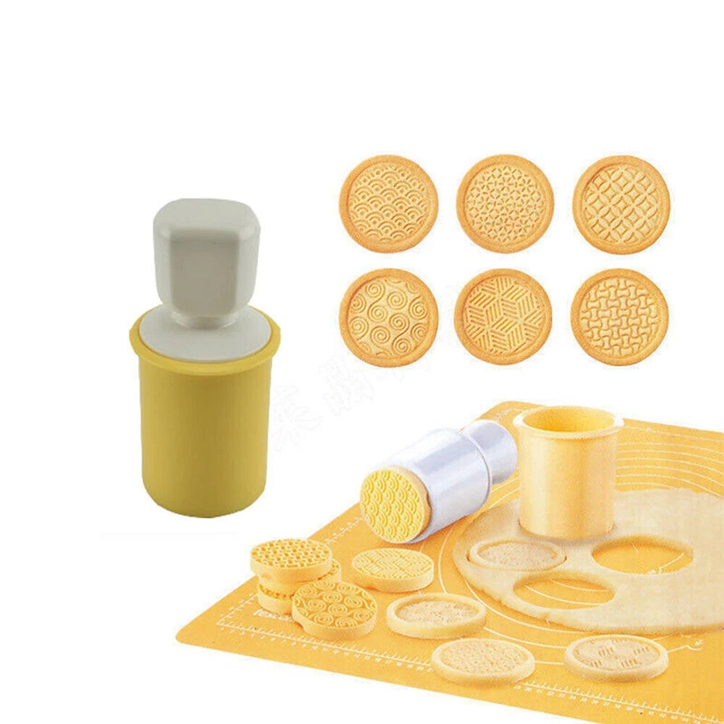 Yellow 6 Piece Biscuit Cookie Stamp Set With 6 Pattern Cutter Molds