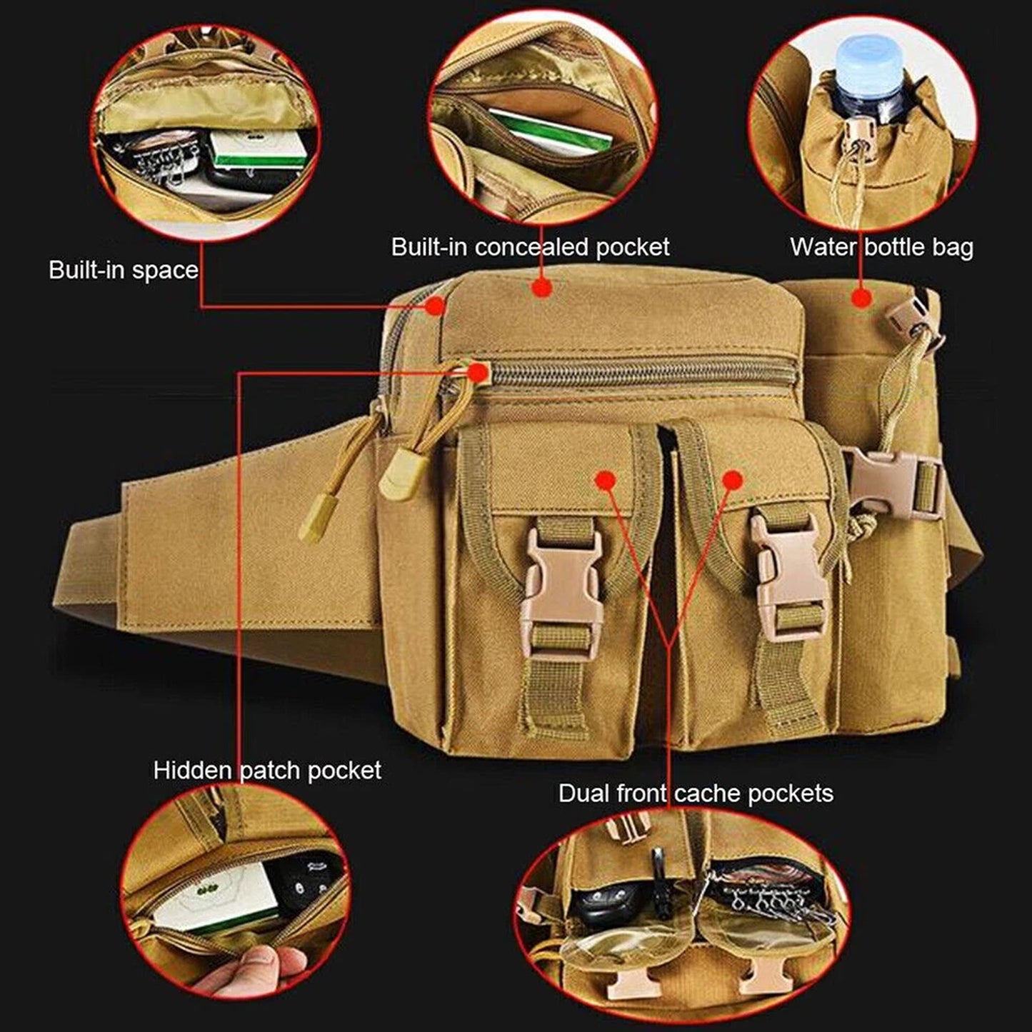 Khaki Tactical Waist Pack for Camping Hiking and Outdoor Activities