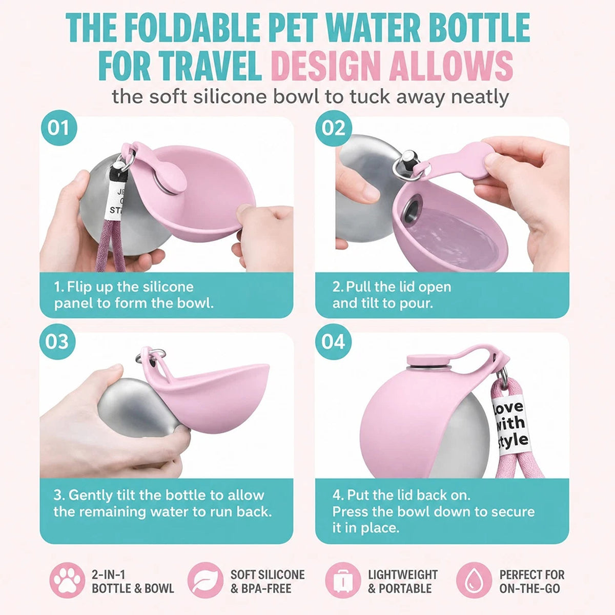 Dog and Cat Water Bottle Portable Travel Feeder Bowl for Outdoor Use