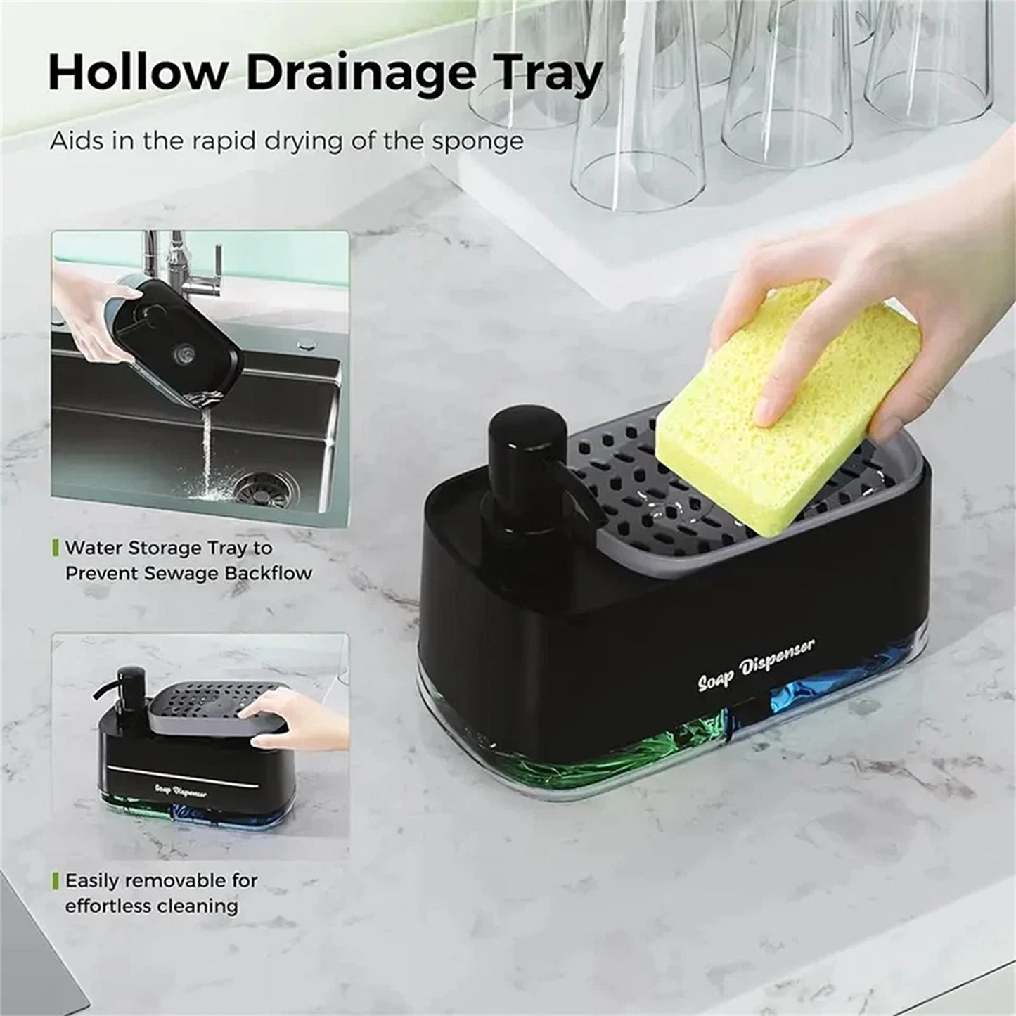 Black 3 in 1 Kitchen Soap Dispenser and Sponge Holder