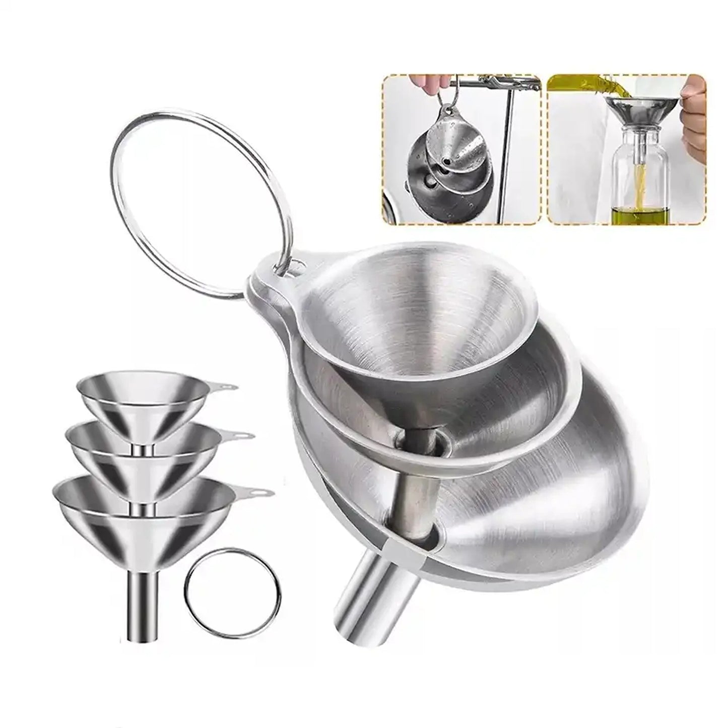 Stainless Steel Funnel Small Medium Large Variety Liquid Kitchen Tool - 3x