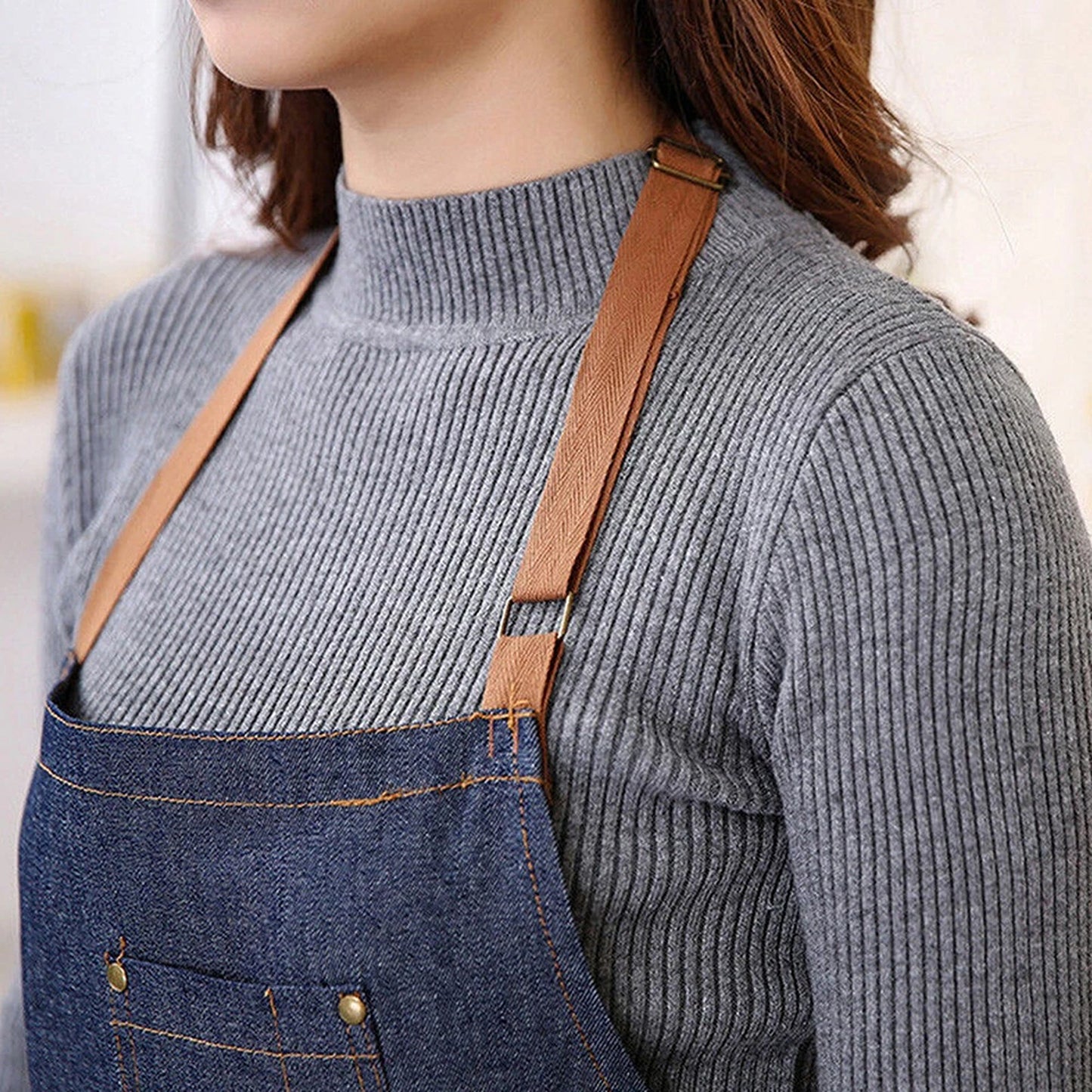 Adjustable Denim Kitchen Apron for Cooking and Baking