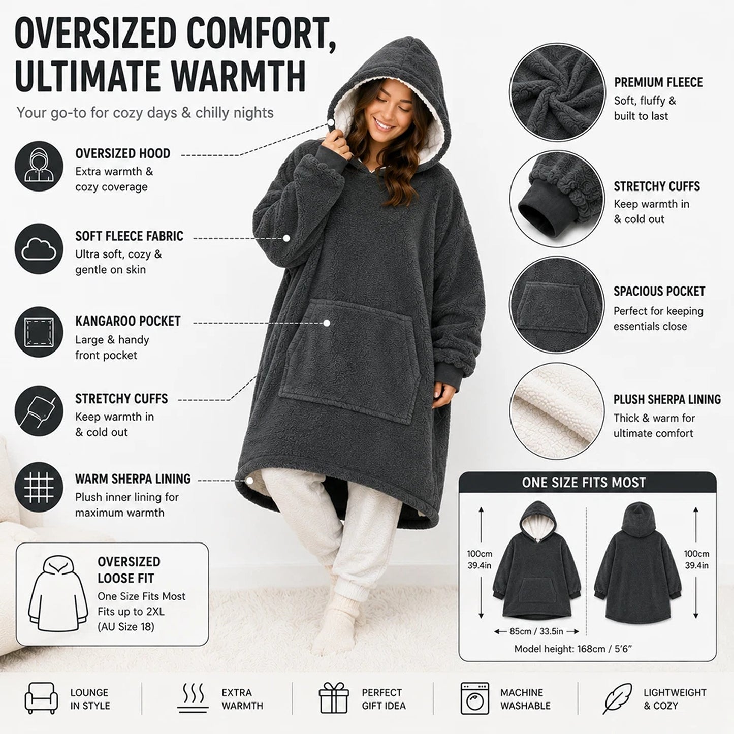 Plain Grey Hooded Blanket Oversized Soft Fleece Wearable Hoodie One Size
