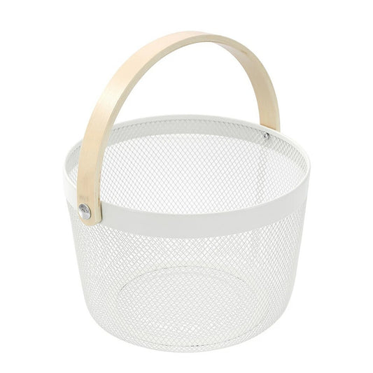 White Mesh Round Basket With Wooden Handle Fruit Bread Storage Basket