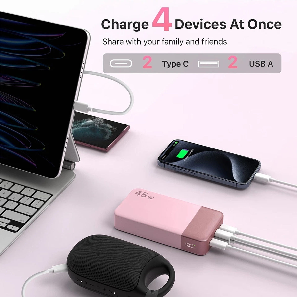 20000mAh 45W Fast Charging Power Bank Portable Battery Backup for Phones - Pink