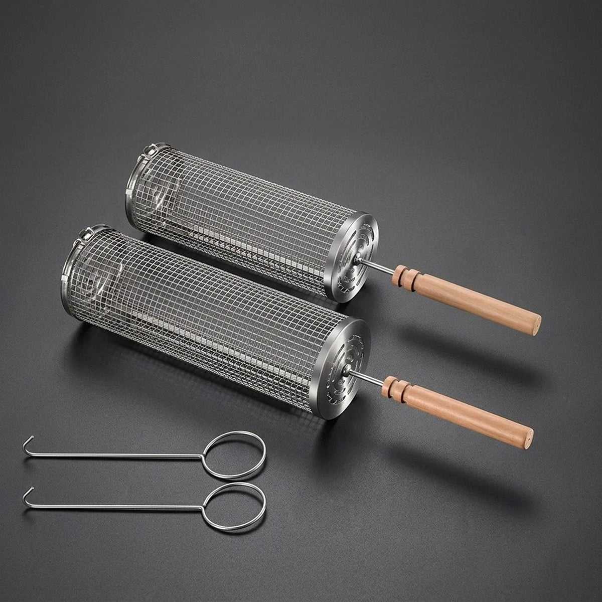 Rolling BBQ Grill Basket Tube Rotisserie Cooking Accessories 2pcs