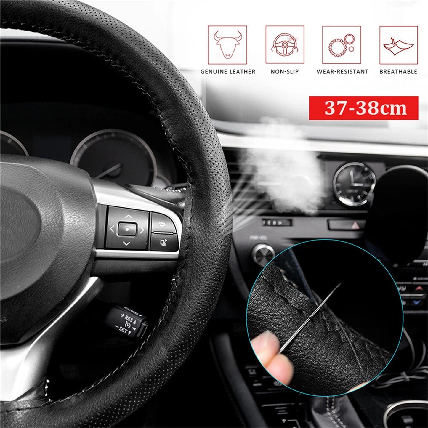 38cm Genuine Leather Steering Wheel Cover for Cars