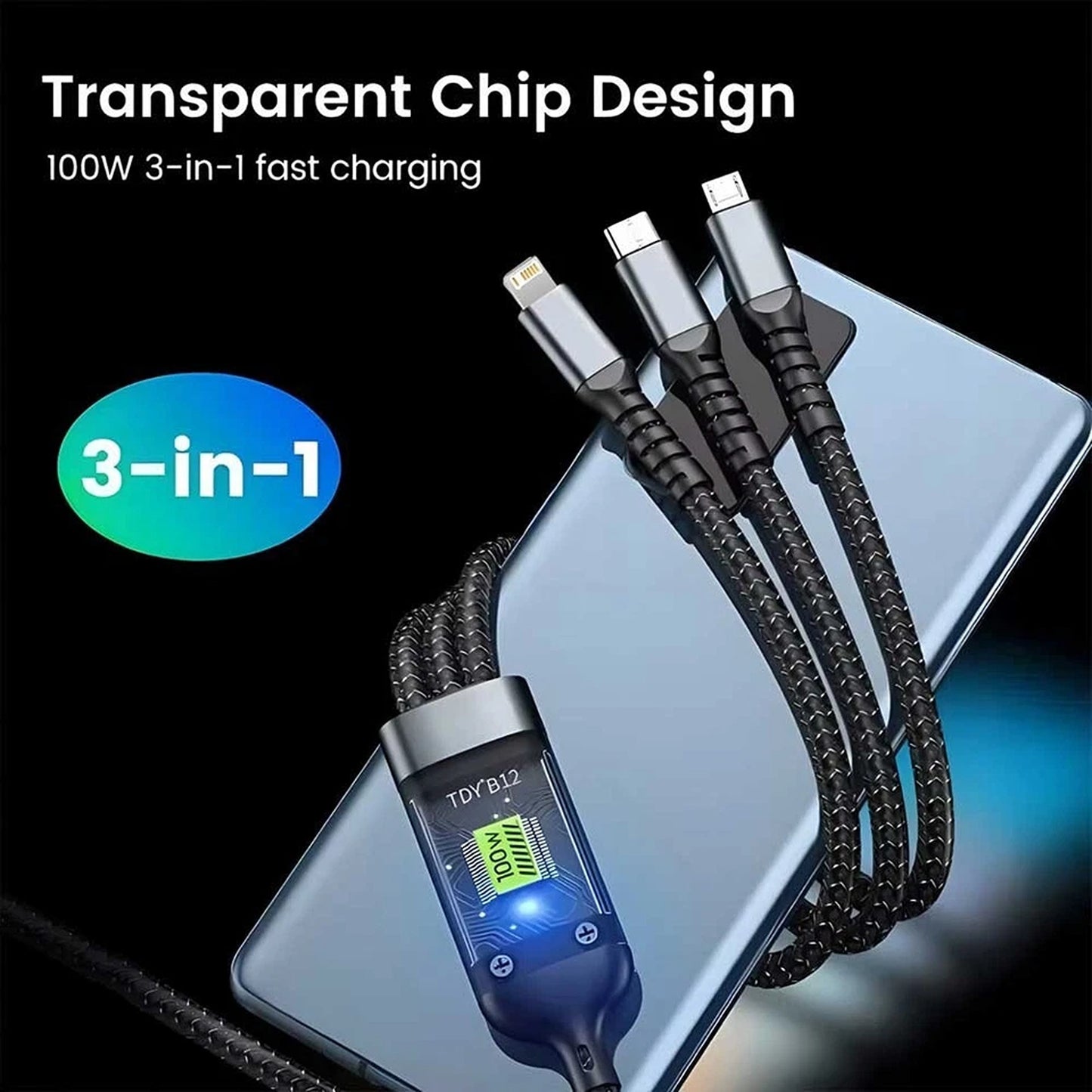 3 In 1 Fast Charging Cable USB Type C iPhone Samsung 100W Braided Cable