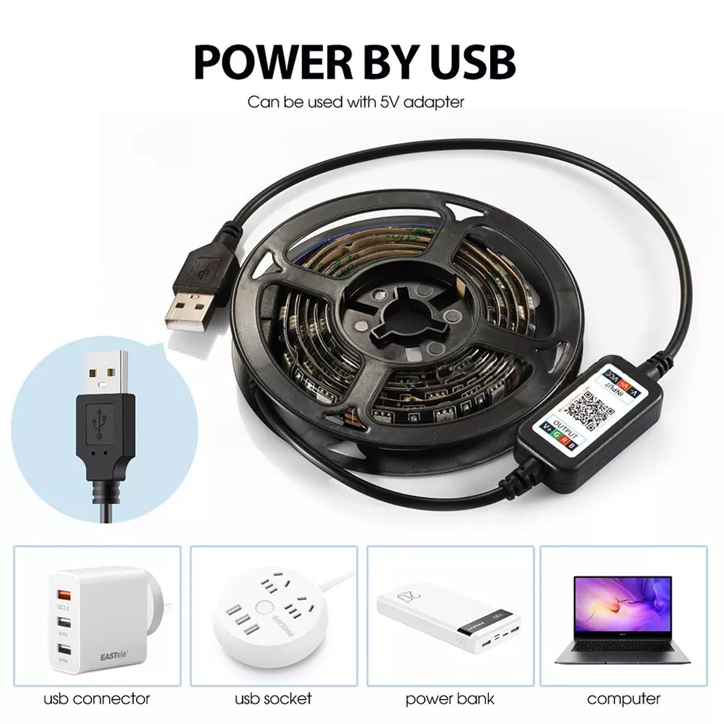 5V Bluetooth USB RGB LED Strip Lights IP65 Waterproof 300 LEDs