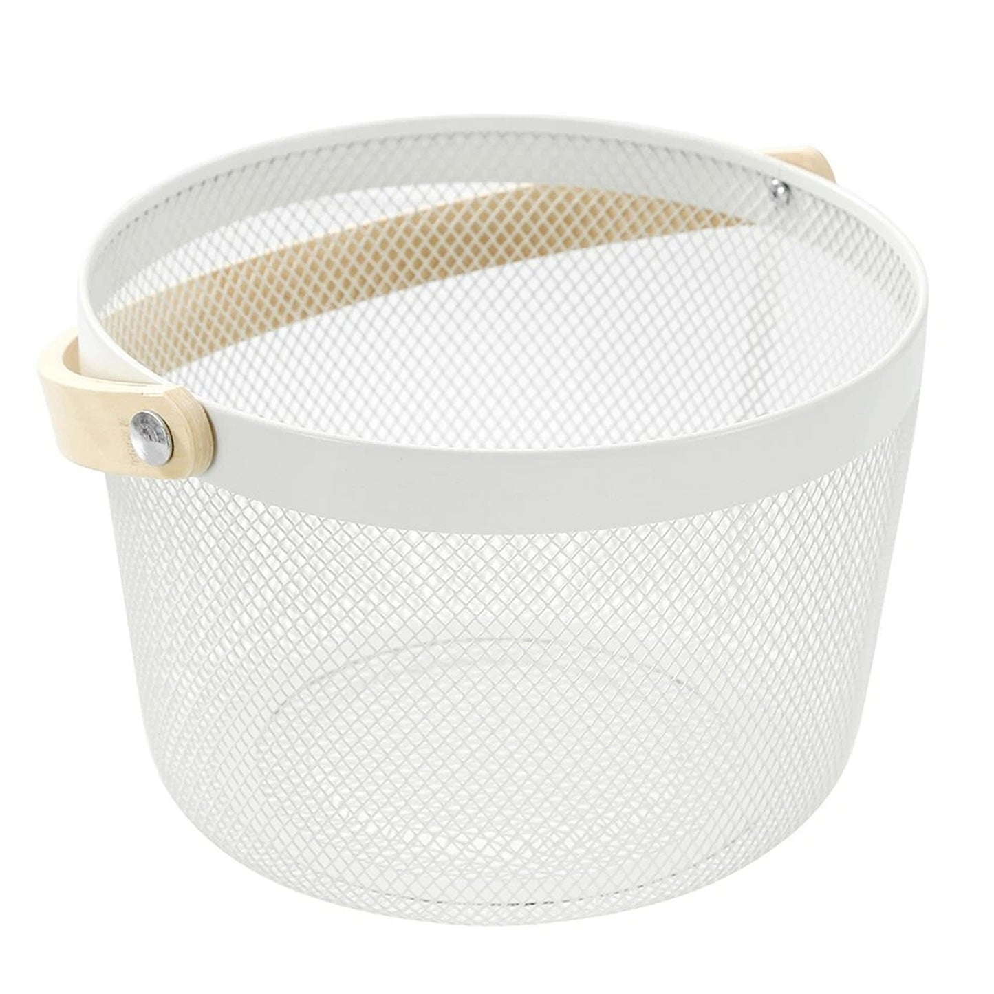 White Mesh Round Basket With Wooden Handle Fruit Bread Storage Basket