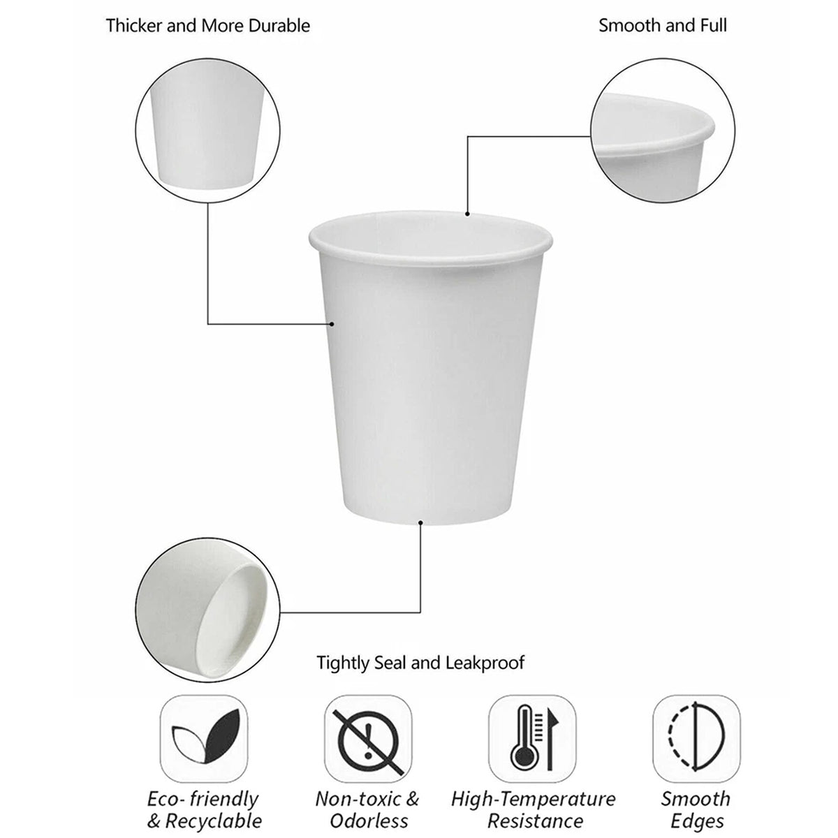Disposable Paper Cups for Coffee Tea Water Takeaway 8oz 12oz 16oz White 100pcs