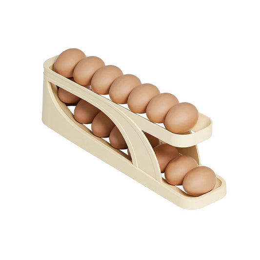 Beige 2-Tier Automatic Egg Dispenser Storage Rack for Refrigerator