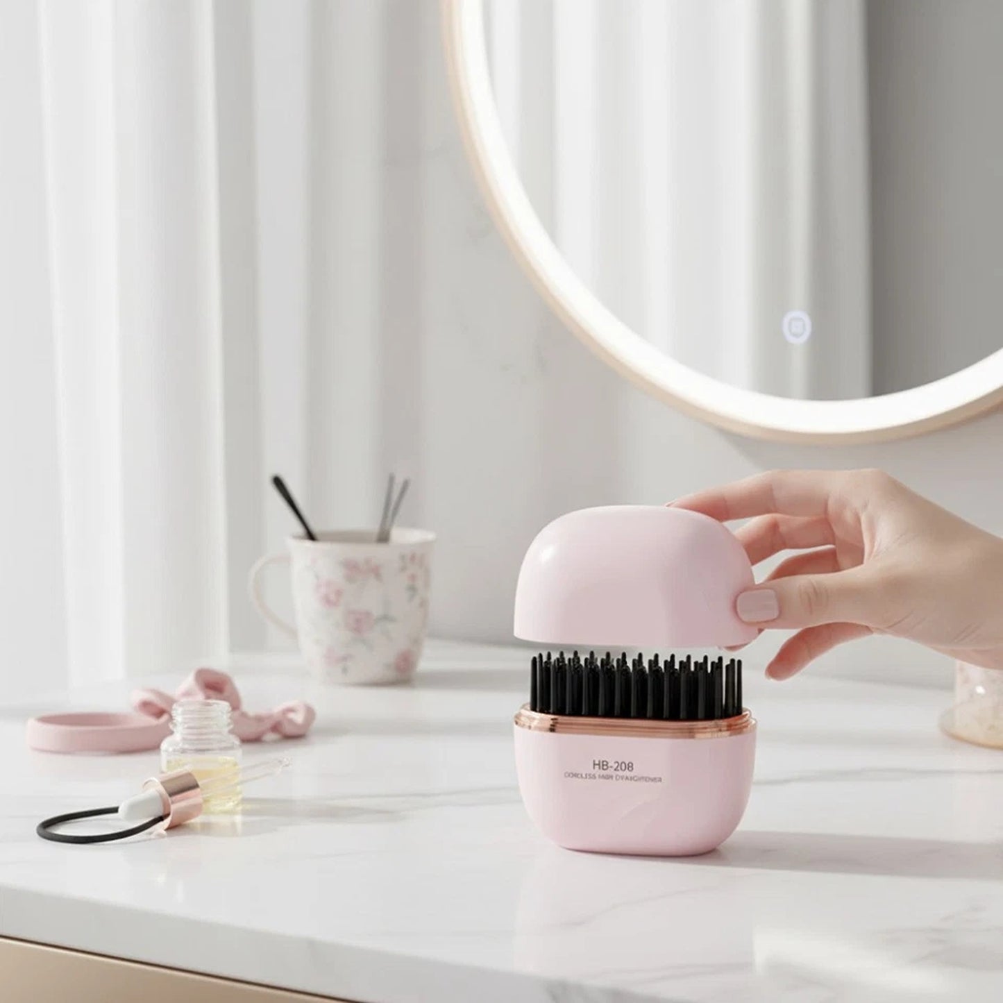 Pink USB Rechargeable Hair Straightener Comb Portable Hot Brush 2 In 1