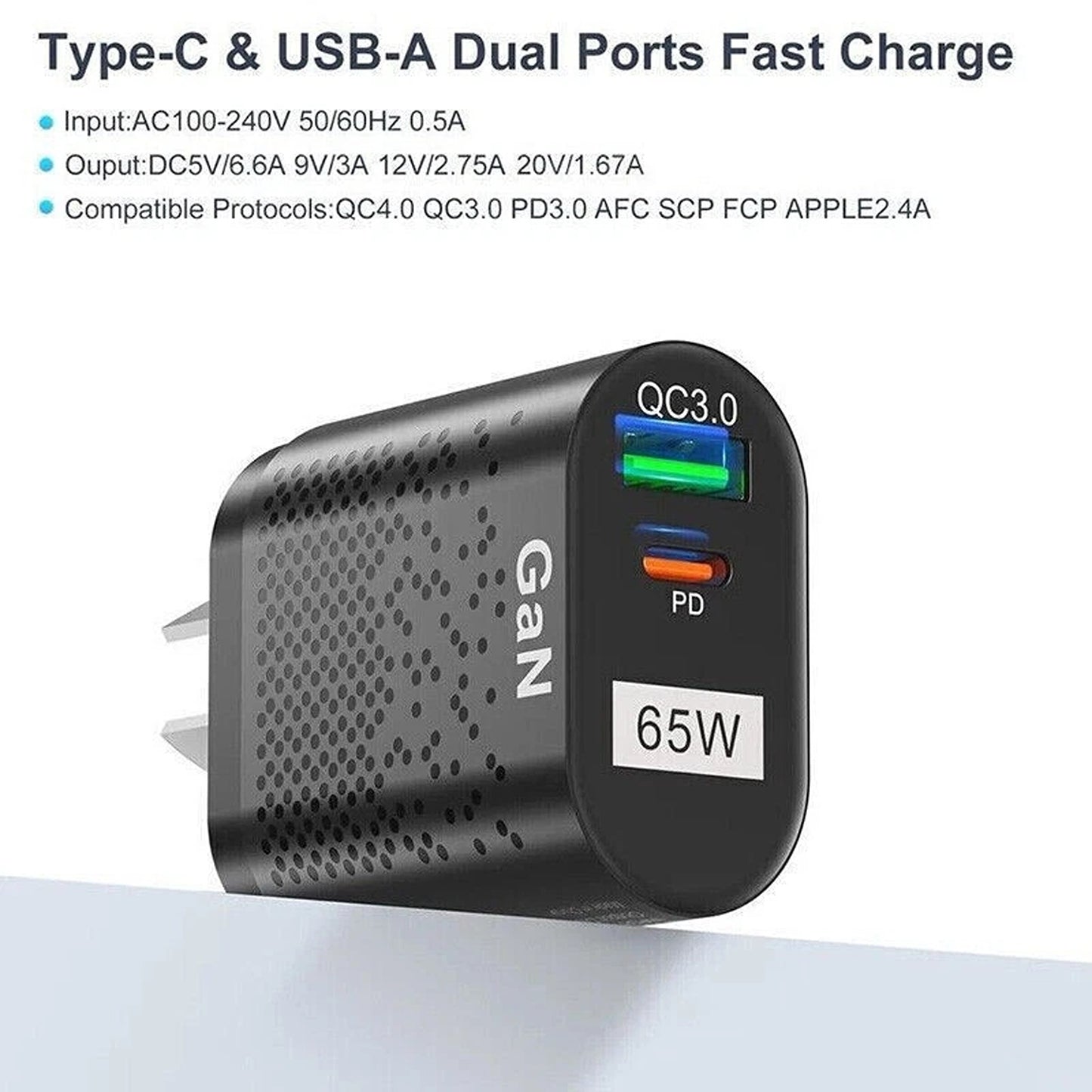 Black 65W GaN Fast Charger USB C PD QC 3.0 Wall Adapter