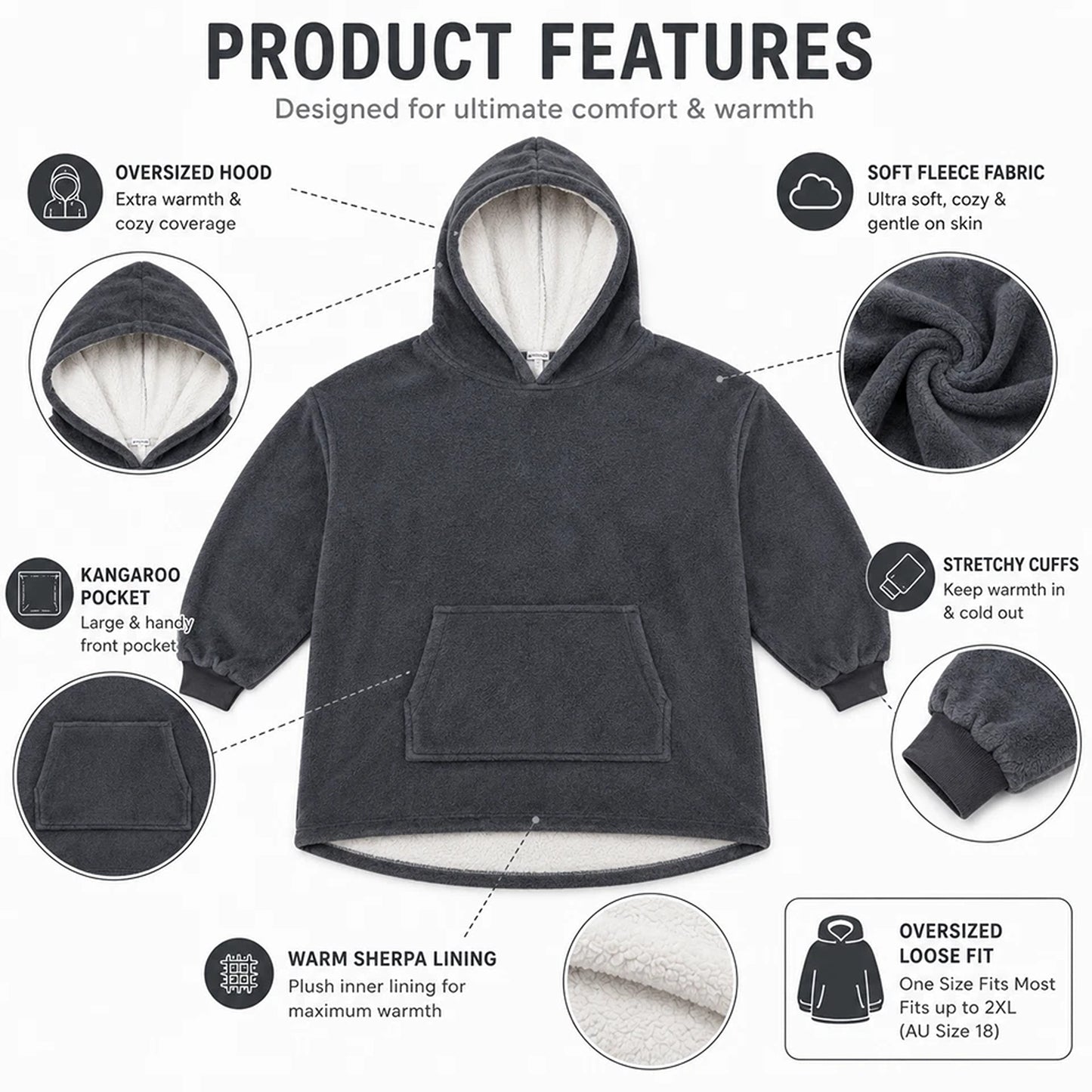 Plain Grey Hooded Blanket Oversized Soft Fleece Wearable Hoodie One Size